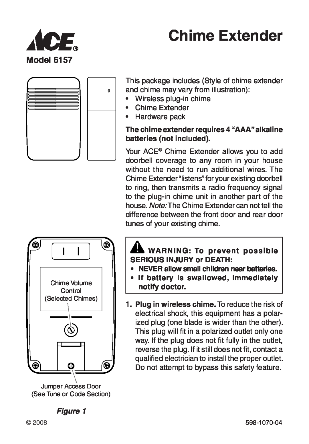 Heath Zenith 6157 manual Chime Extender, Model, NEVER allow small children near batteries 