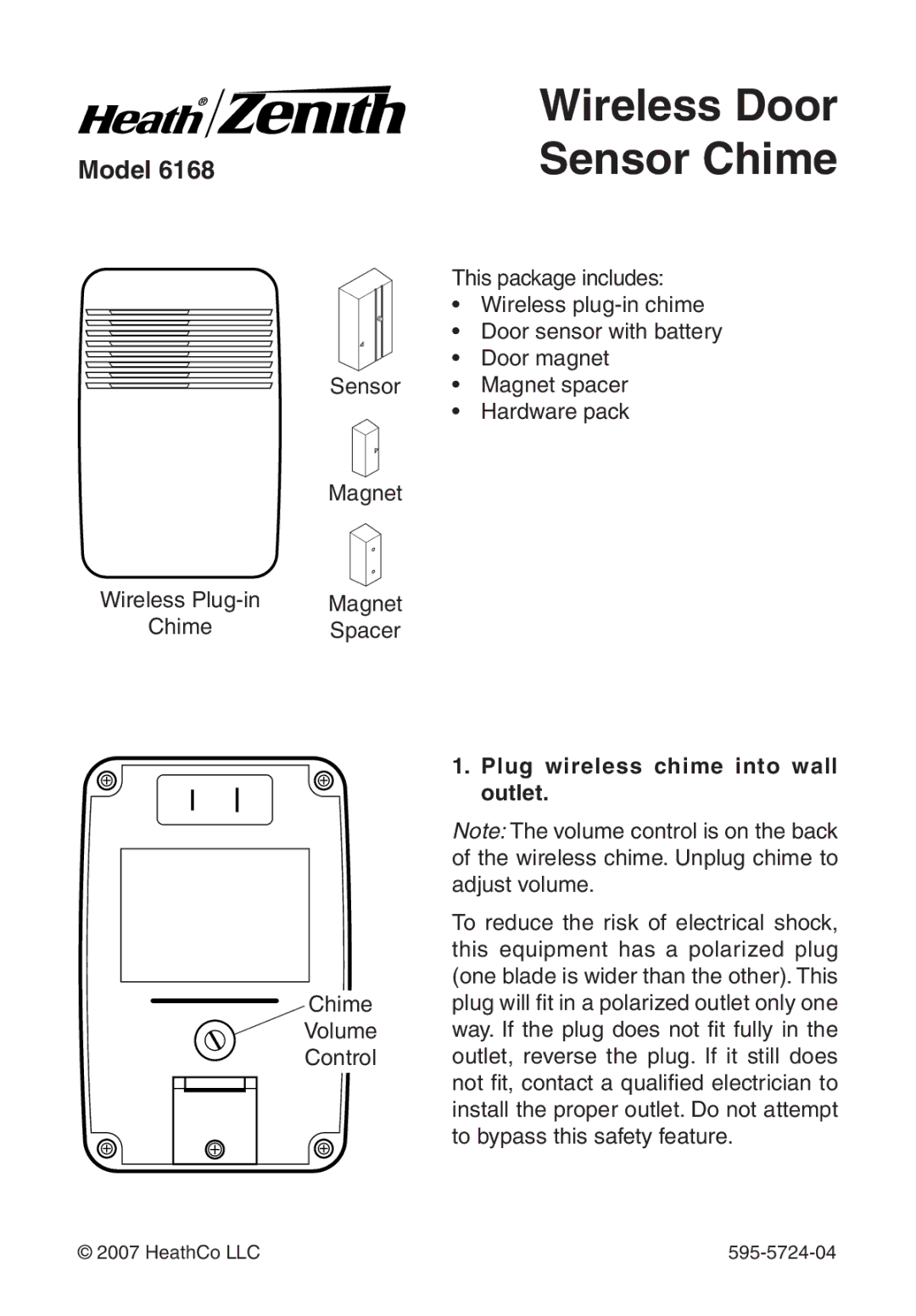 Heath Zenith 6168 manual Plug wireless chime into wall, Outlet 