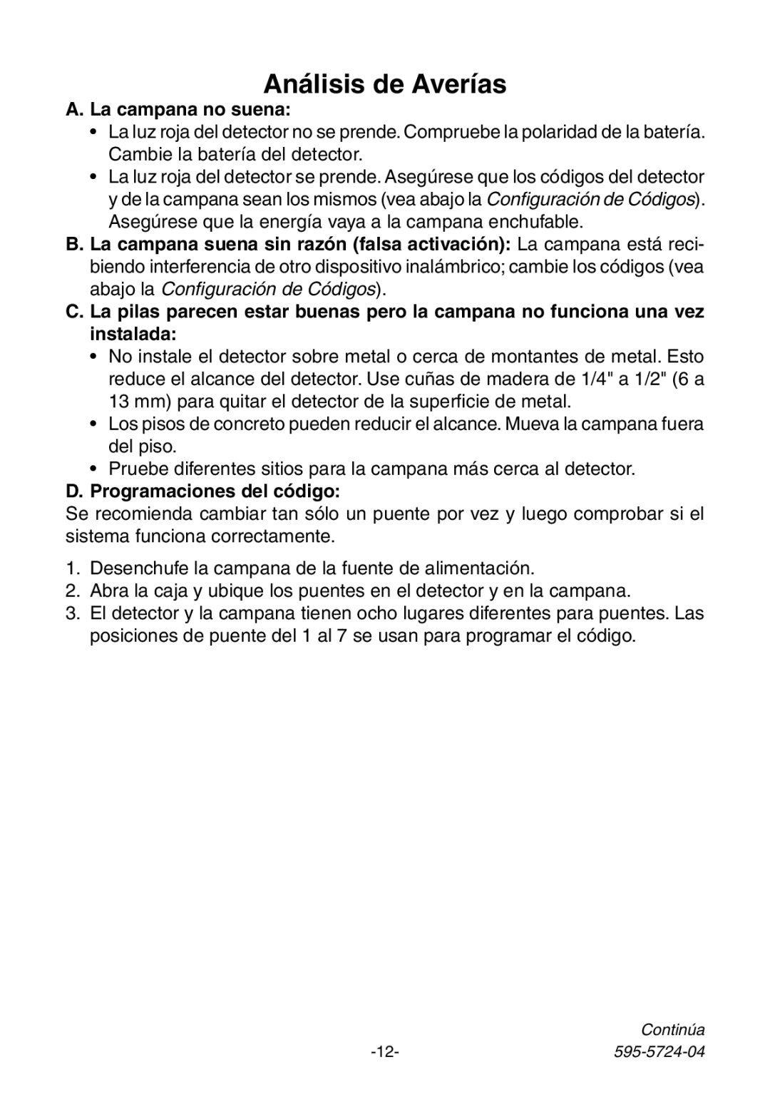 Heath Zenith 6168 manual Análisis de Averías, La campana no suena, Programaciones del código 