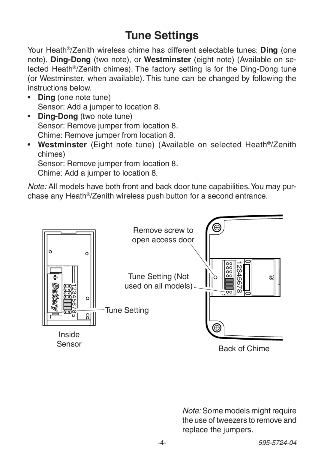 Heath Zenith 6168 manual Tune Settings 