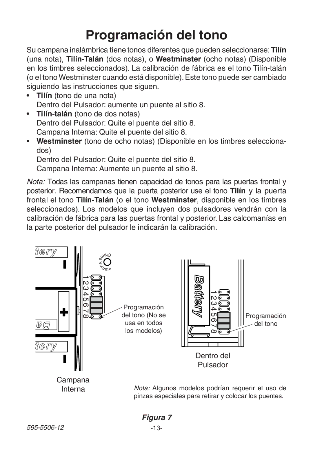 Heath Zenith 6270 Series, 6180 Series, 6280 Series manual Programación del tono, Interna 