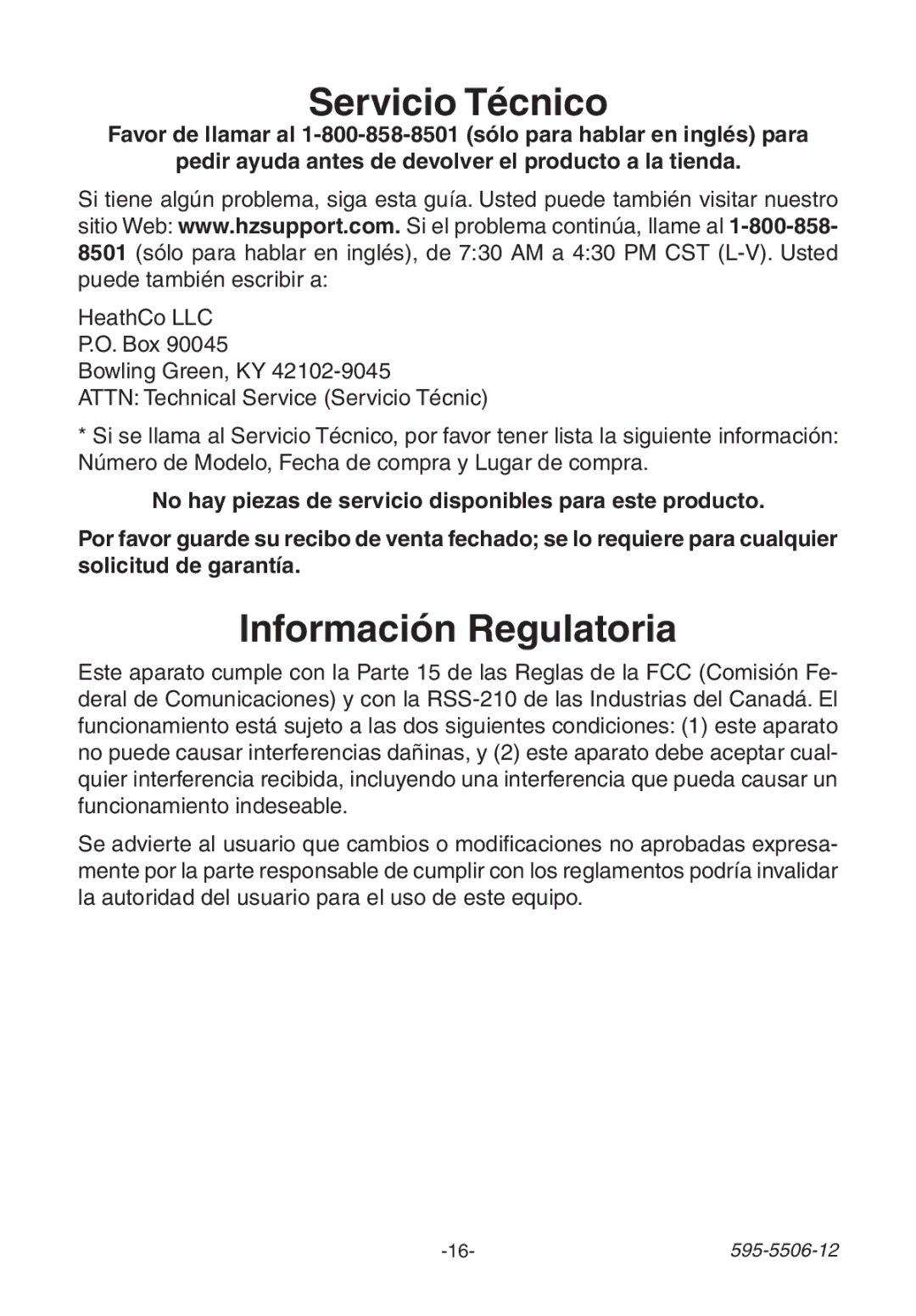 Heath Zenith 6270 Series, 6180 Series, 6280 Series manual Servicio Técnico, Información Regulatoria 