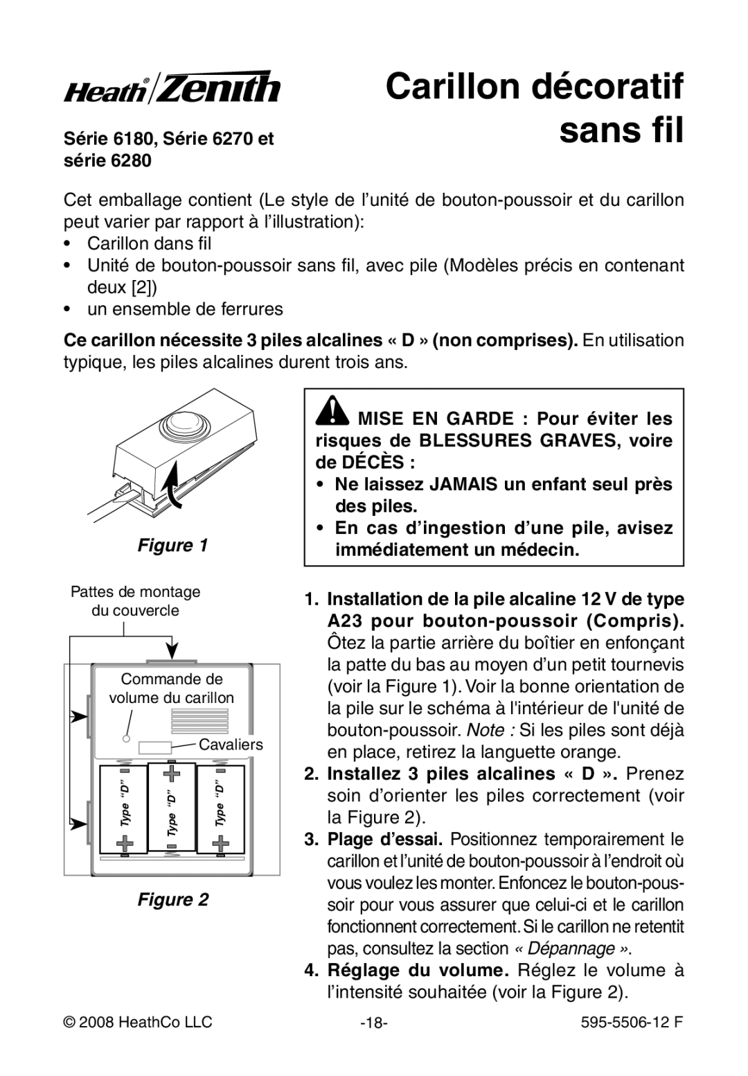 Heath Zenith 6180 Series, 6270 Series, 6280 Series manual Carillon décoratif sans fil, Série 6180, Série 6270 et série 