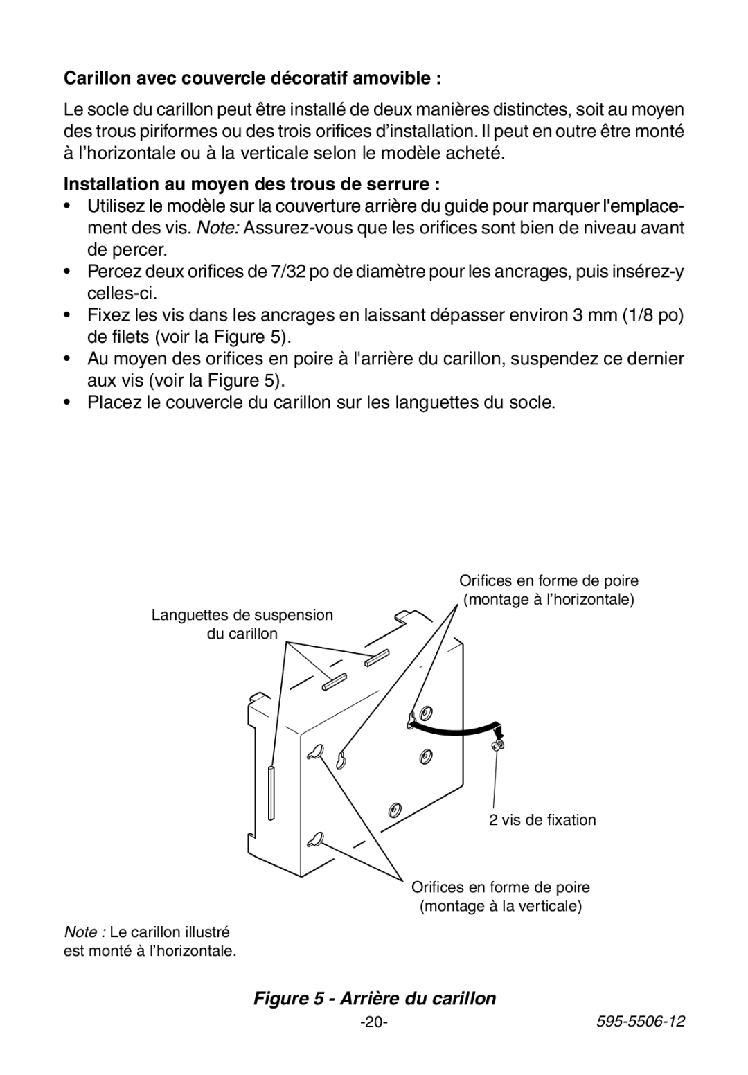 Heath Zenith 6280 Series, 6180 Series, 6270 Series manual Carillon avec couvercle décoratif amovible, Arrière du carillon 