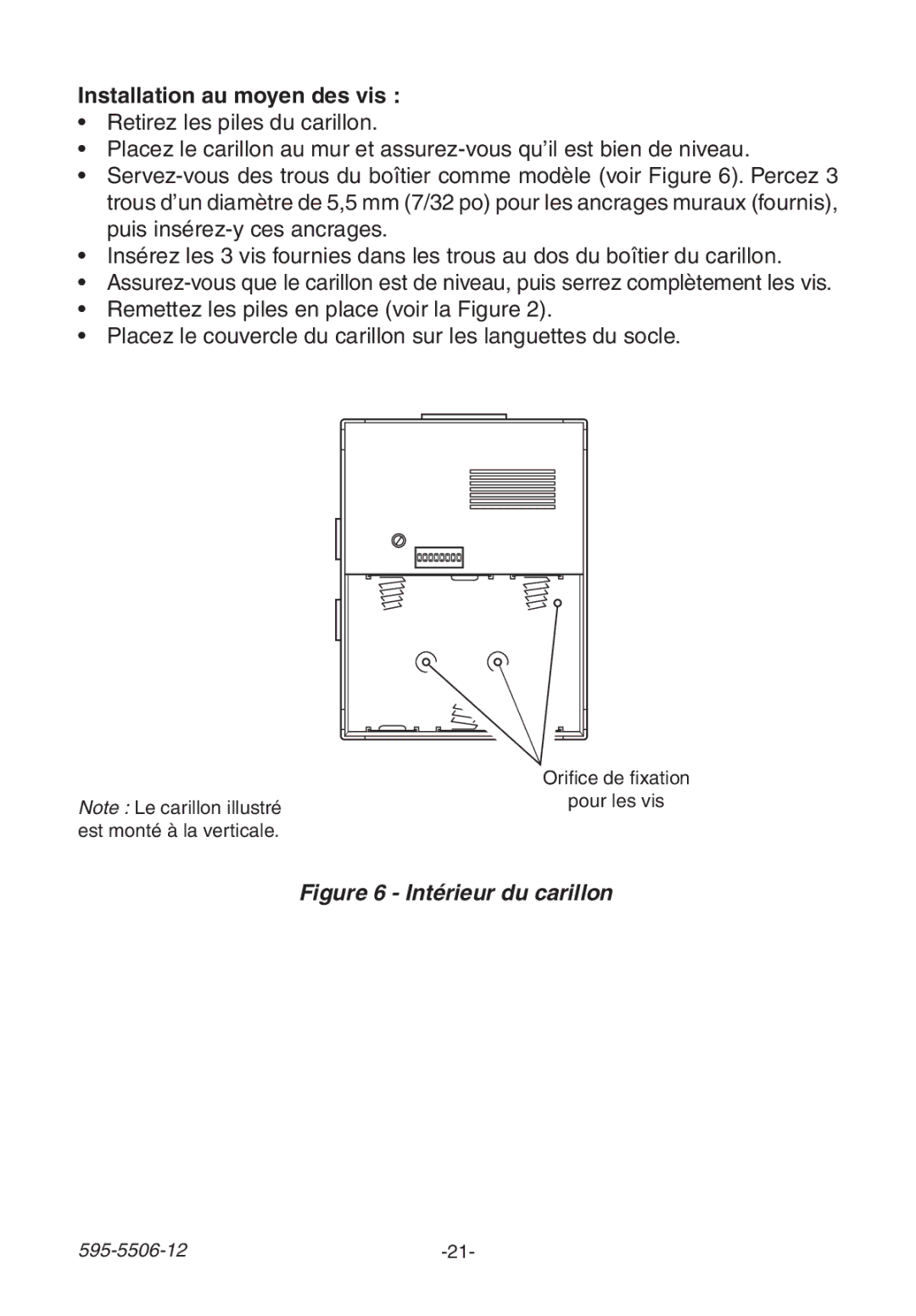 Heath Zenith 6180 Series, 6270 Series, 6280 Series manual Installation au moyen des vis, Intérieur du carillon 