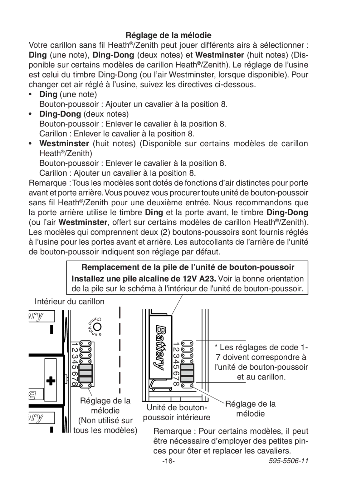 Heath Zenith 6270 Réglage de la mélodie, Remplacement de la pile de l’unité de bouton-poussoir, Intérieur du carillon 