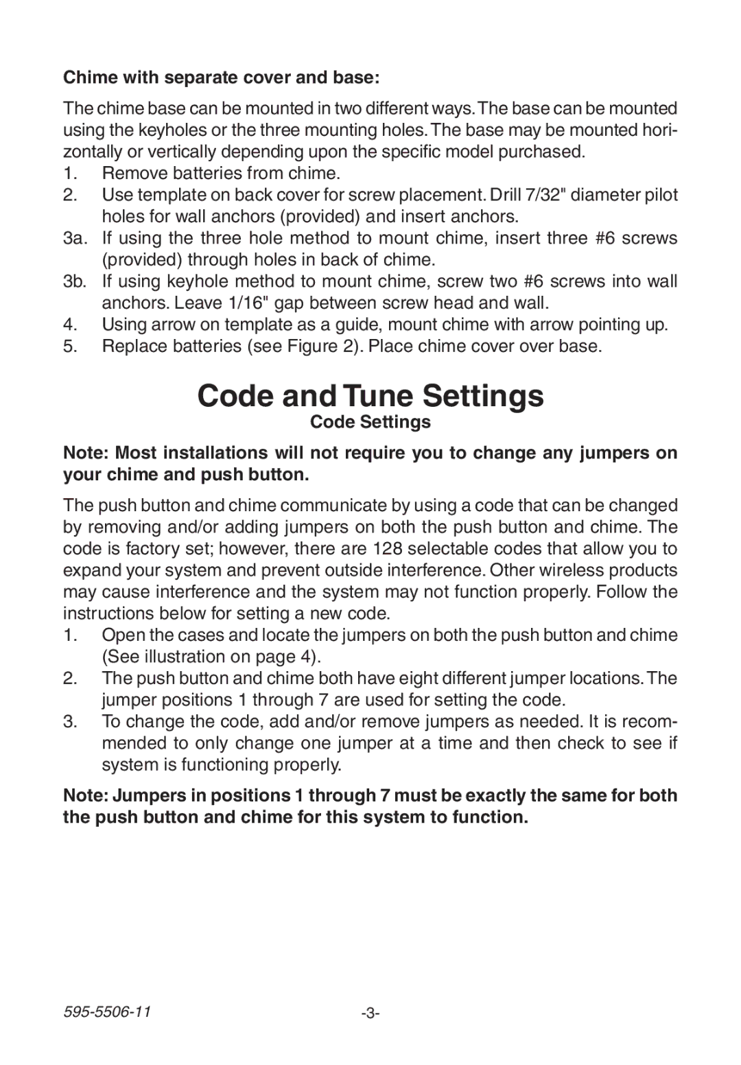 Heath Zenith 6270 manual Code and Tune Settings, Chime with separate cover and base, Code Settings 