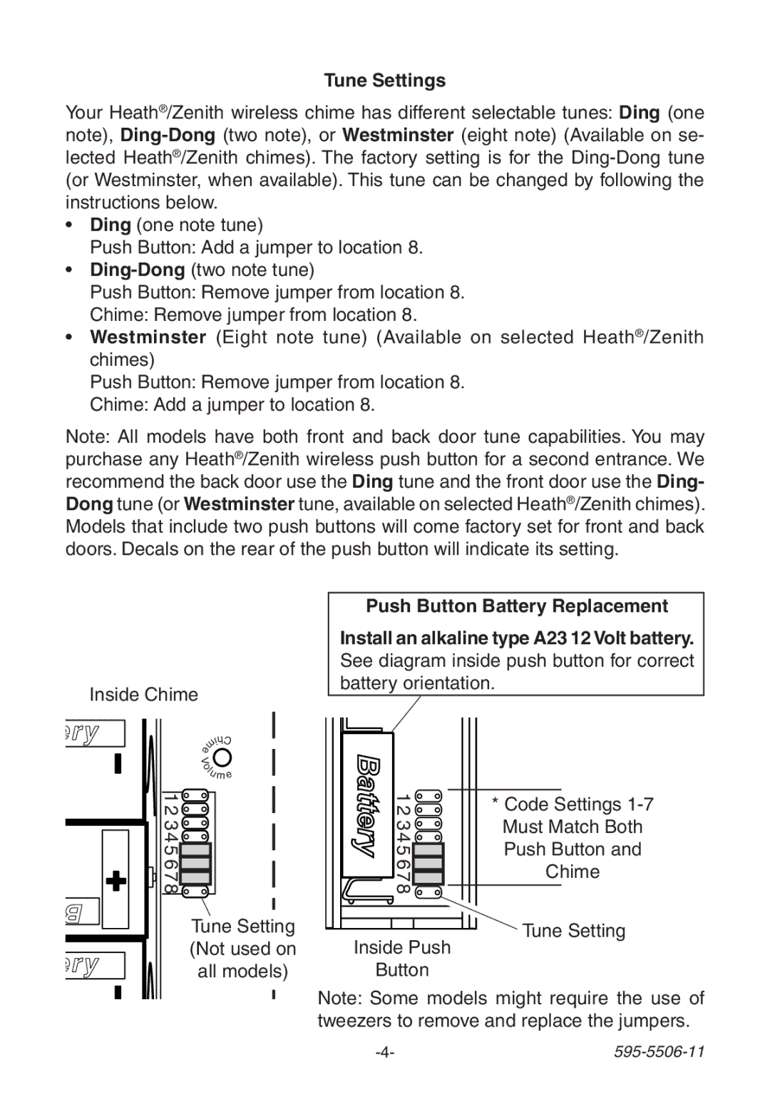 Heath Zenith 6270 manual Tune Settings, 3 4 5, All models 