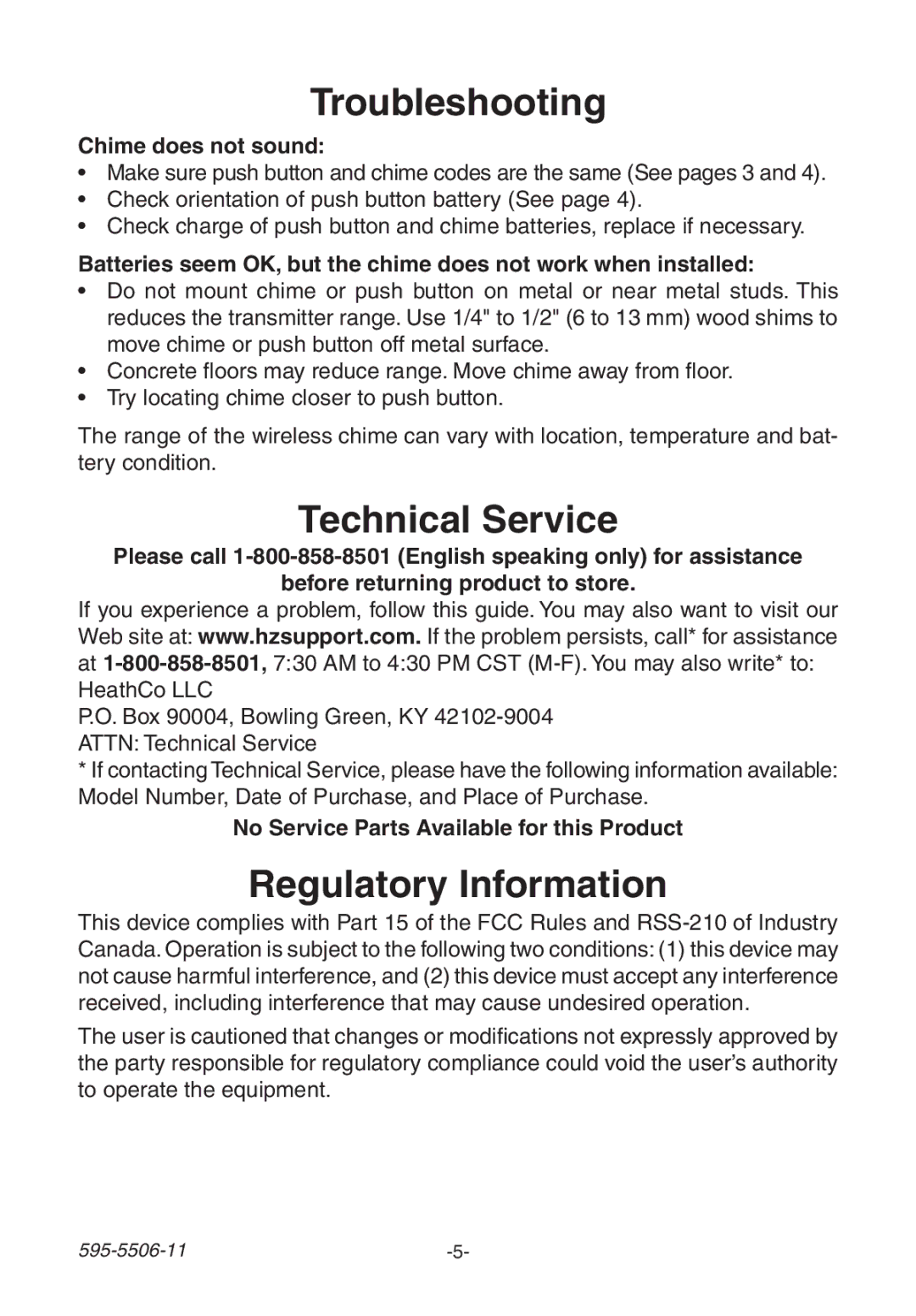 Heath Zenith 6270 manual Troubleshooting, Technical Service, Regulatory Information, Chime does not sound 