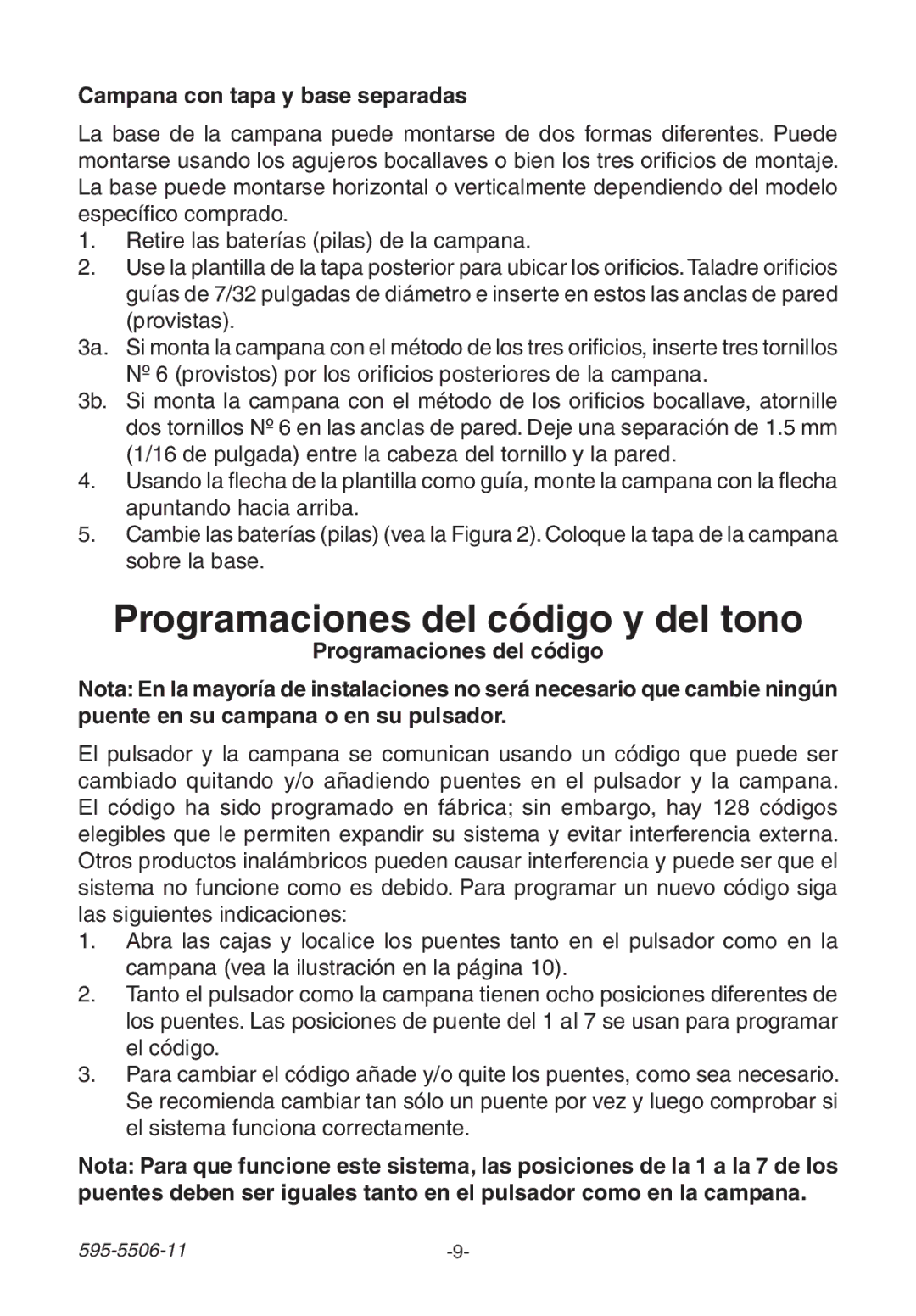 Heath Zenith 6270 manual Programaciones del código y del tono, Campana con tapa y base separadas 