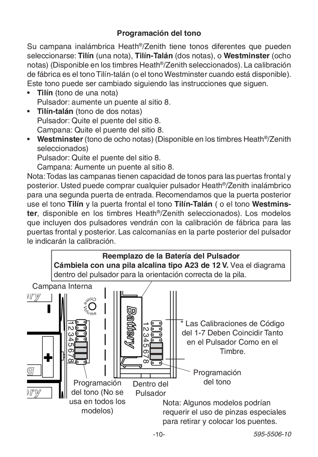 Heath Zenith 6180, 6280, 6270 manual Programación del tono 