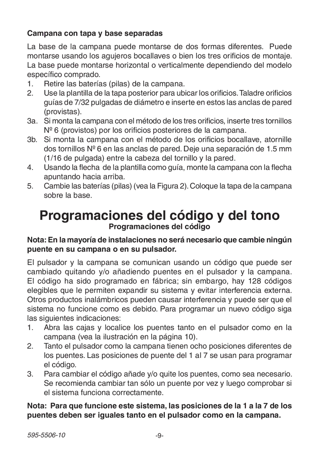 Heath Zenith 6280, 6180, 6270 manual Programaciones del código y del tono, Campana con tapa y base separadas 