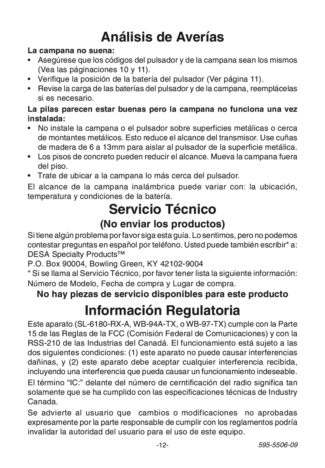 Heath Zenith 6280, 6180 manual An‡lisis de Aver’as, Servicio TŽcnico, Informaci-n Regulatoria, La campana no suena 