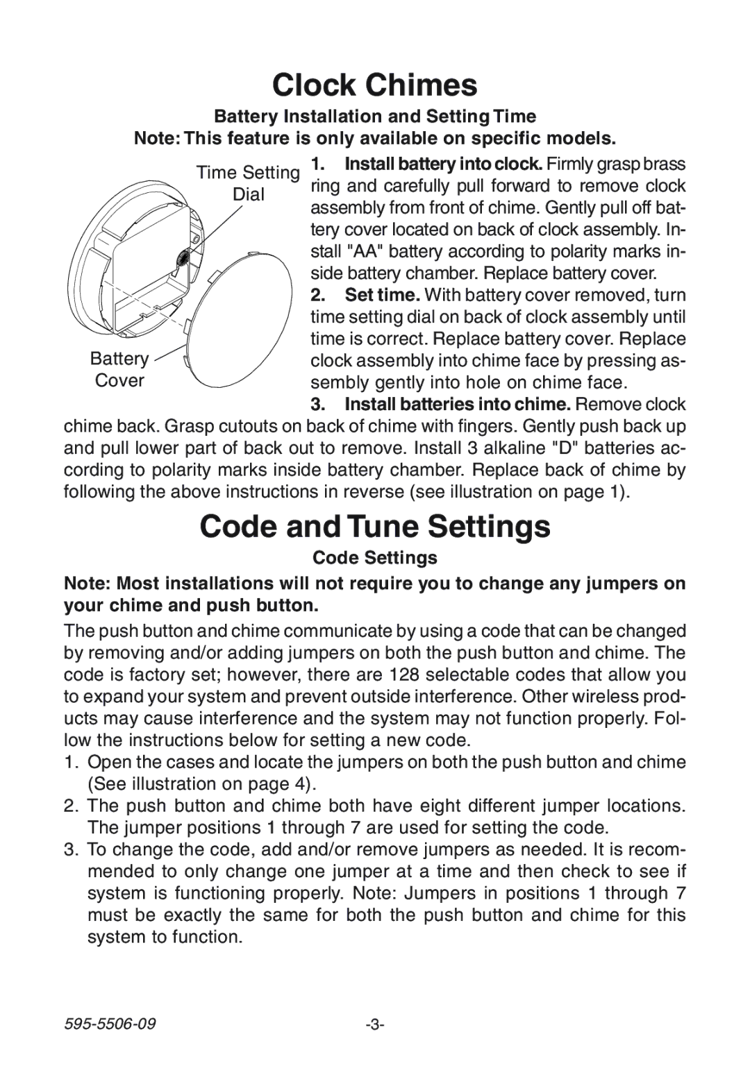 Heath Zenith 6180, 6280 manual Clock Chimes, Code and Tune Settings, Battery Installation and Setting Time, Code Settings 