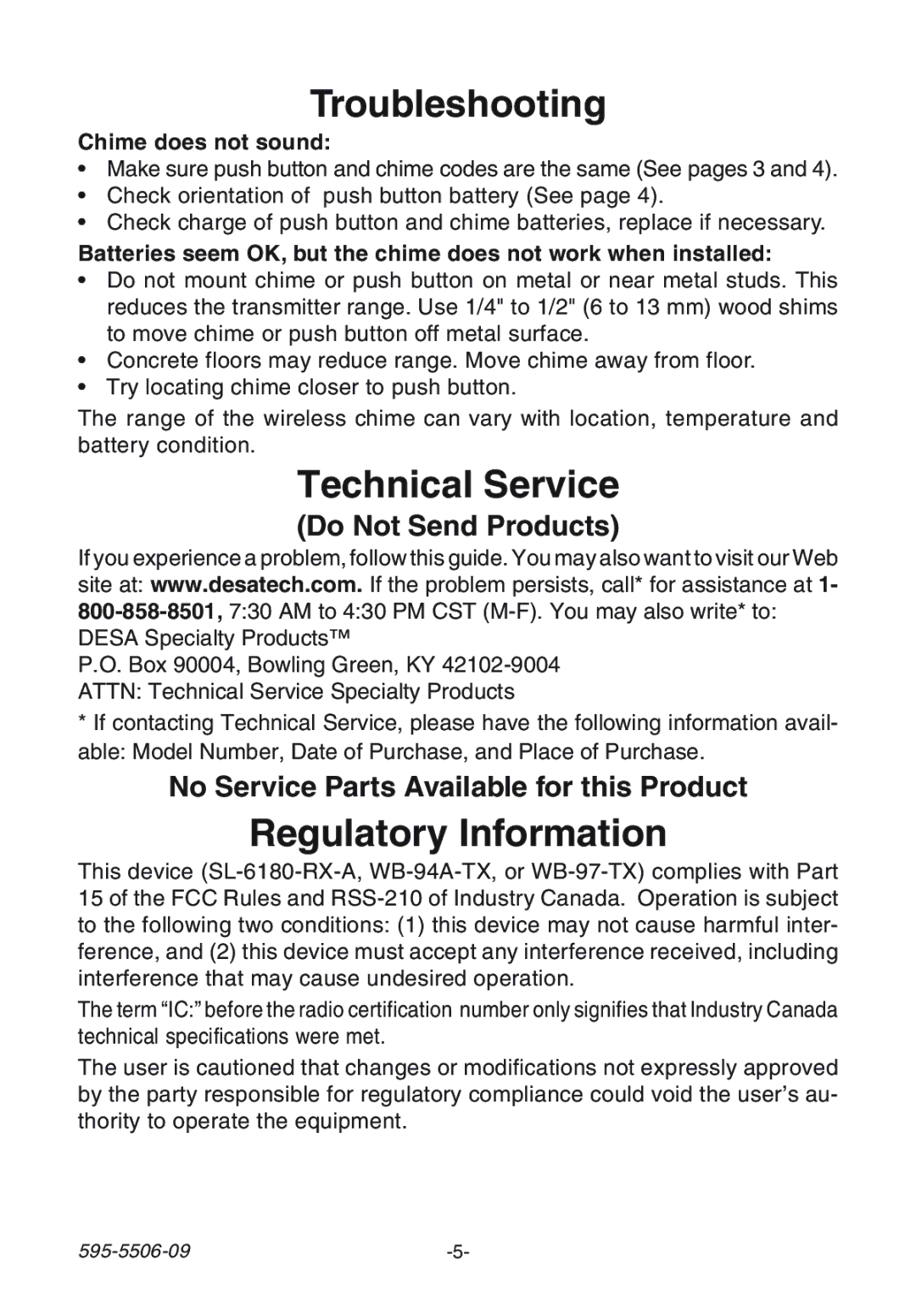 Heath Zenith 6180, 6280 manual Troubleshooting, Technical Service, Regulatory Information, Chime does not sound 