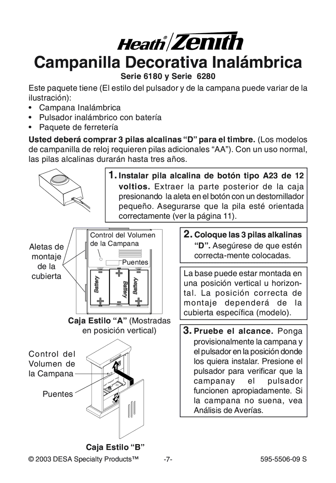 Heath Zenith 6280 manual Serie 6180 y Serie, Caja Estilo ÒAÓ Mostradas, Caja Estilo ÒBÓ 