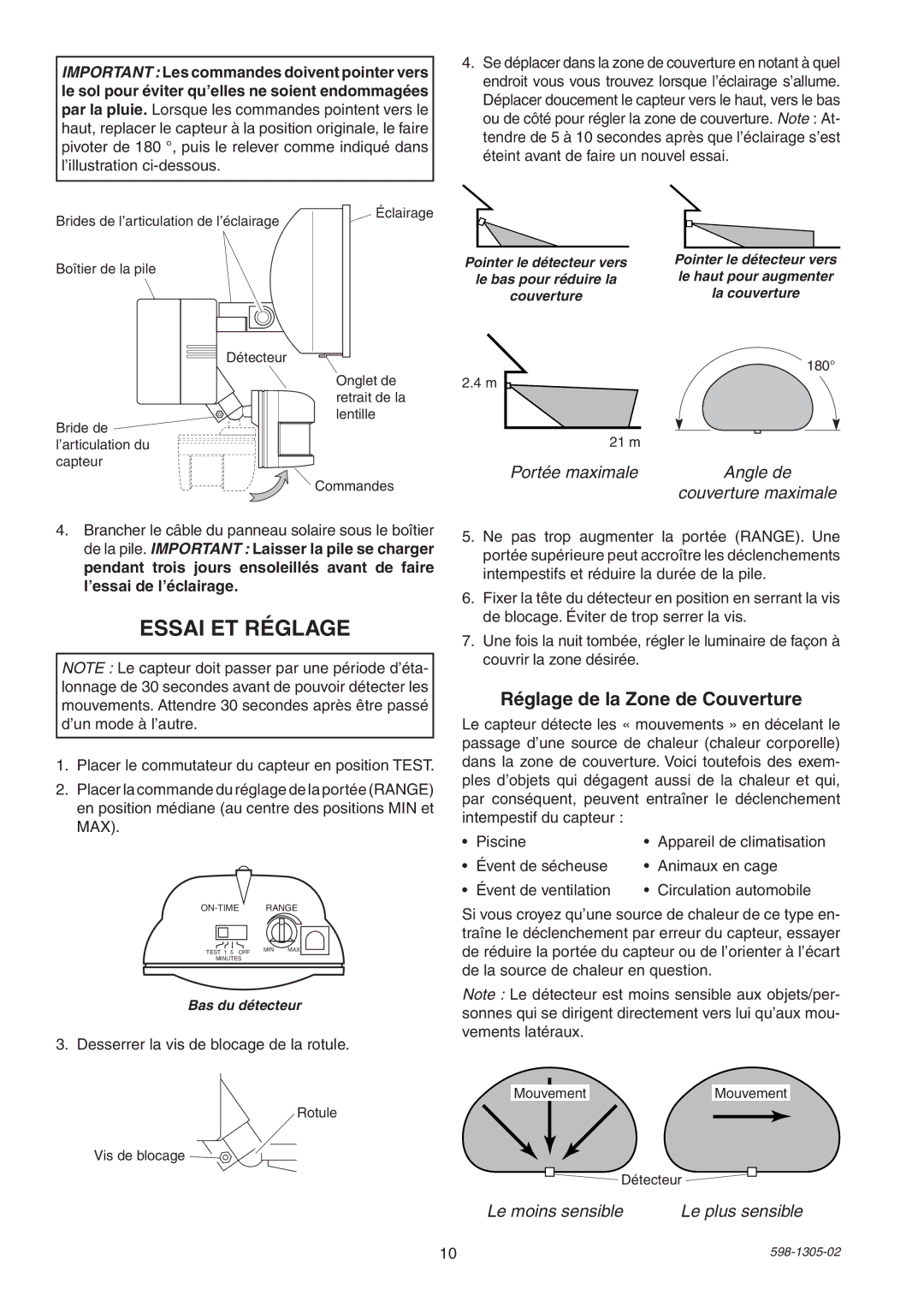 Heath Zenith 7001 manual Essai ET Réglage, Réglage de la Zone de Couverture, Desserrer la vis de blocage de la rotule 