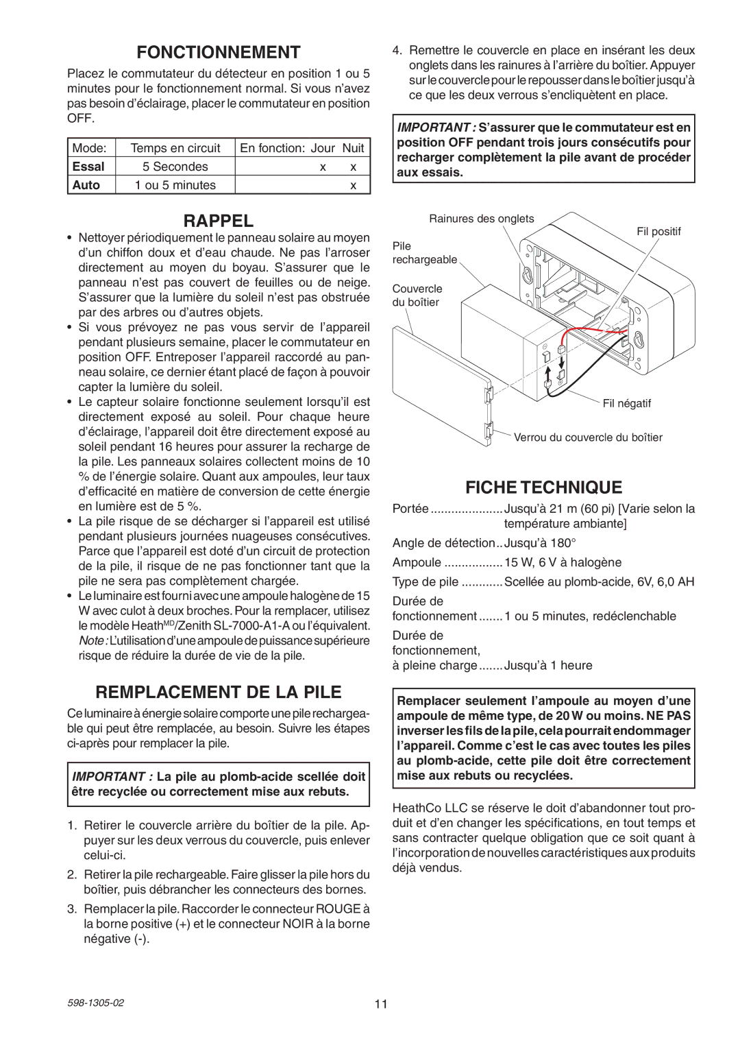 Heath Zenith 7001 manual Fonctionnement, Rappel, Remplacement DE LA Pile, Fiche Technique 