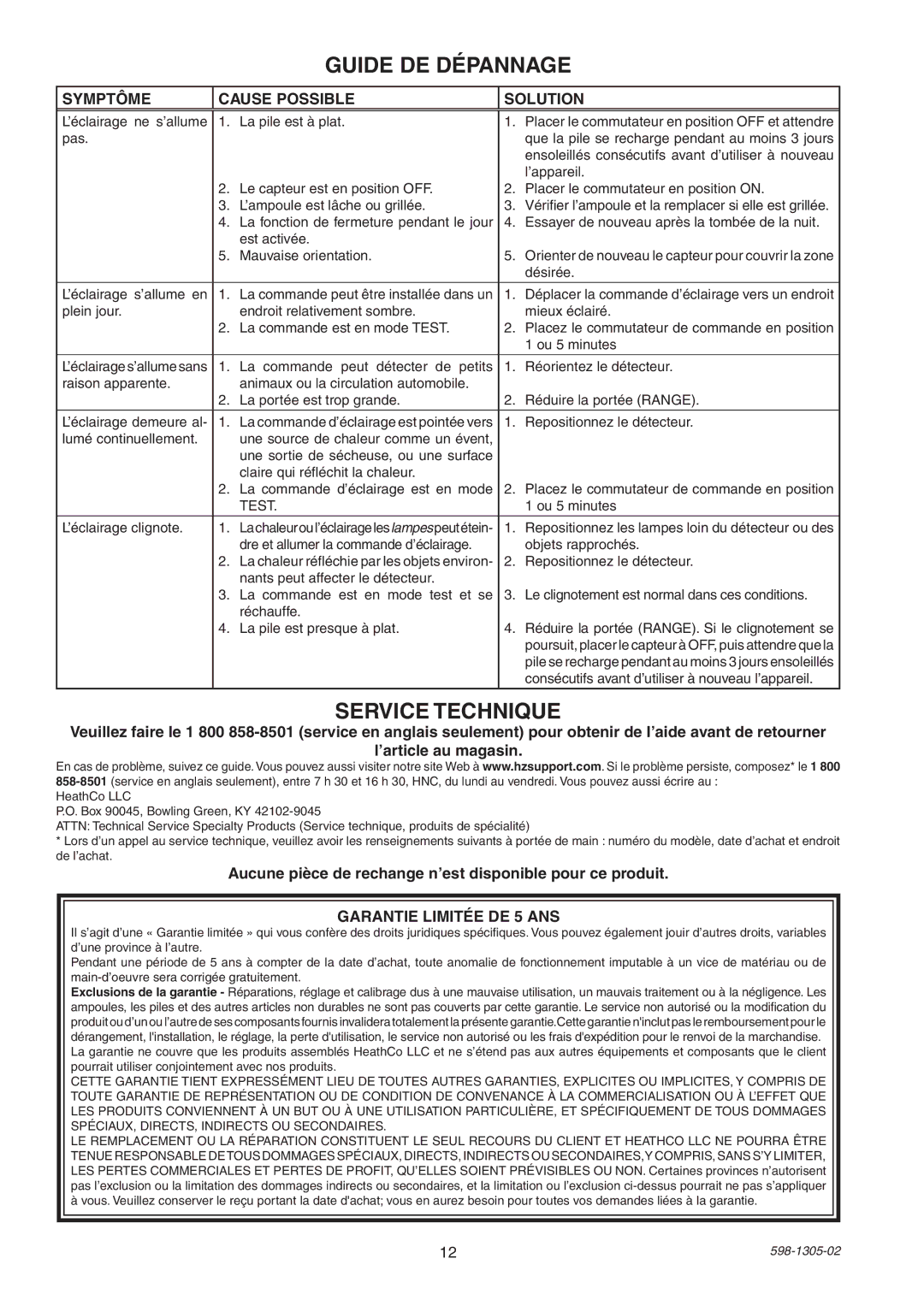 Heath Zenith 7001 manual Guide DE Dépannage, Service Technique, Symptôme Cause Possible Solution, Garantie Limitée DE 5 ANS 