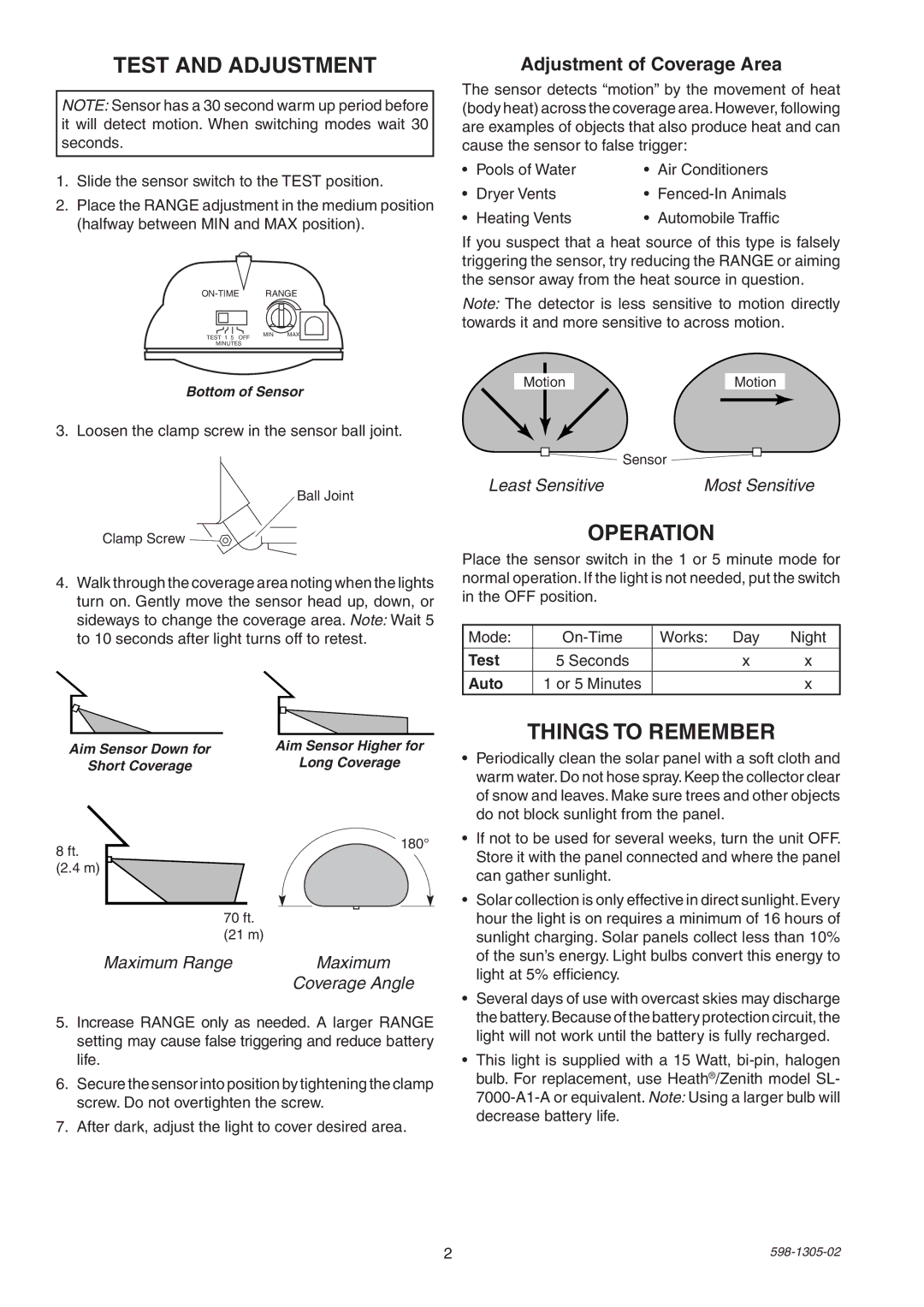 Heath Zenith 7001 manual Test and Adjustment, Operation, Things To Remember, Adjustment of Coverage Area 