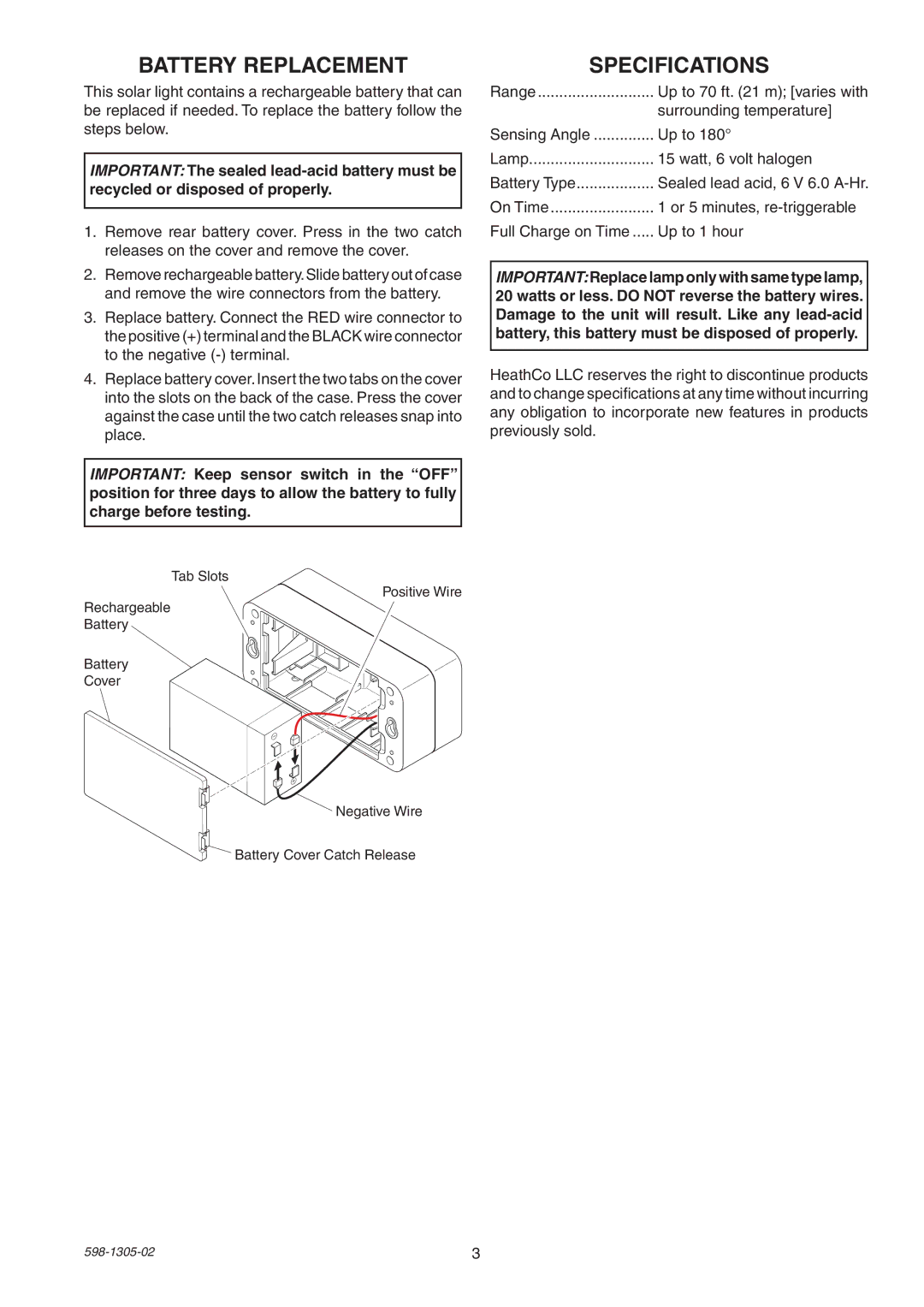 Heath Zenith 7001 manual Battery Replacement, Specifications 