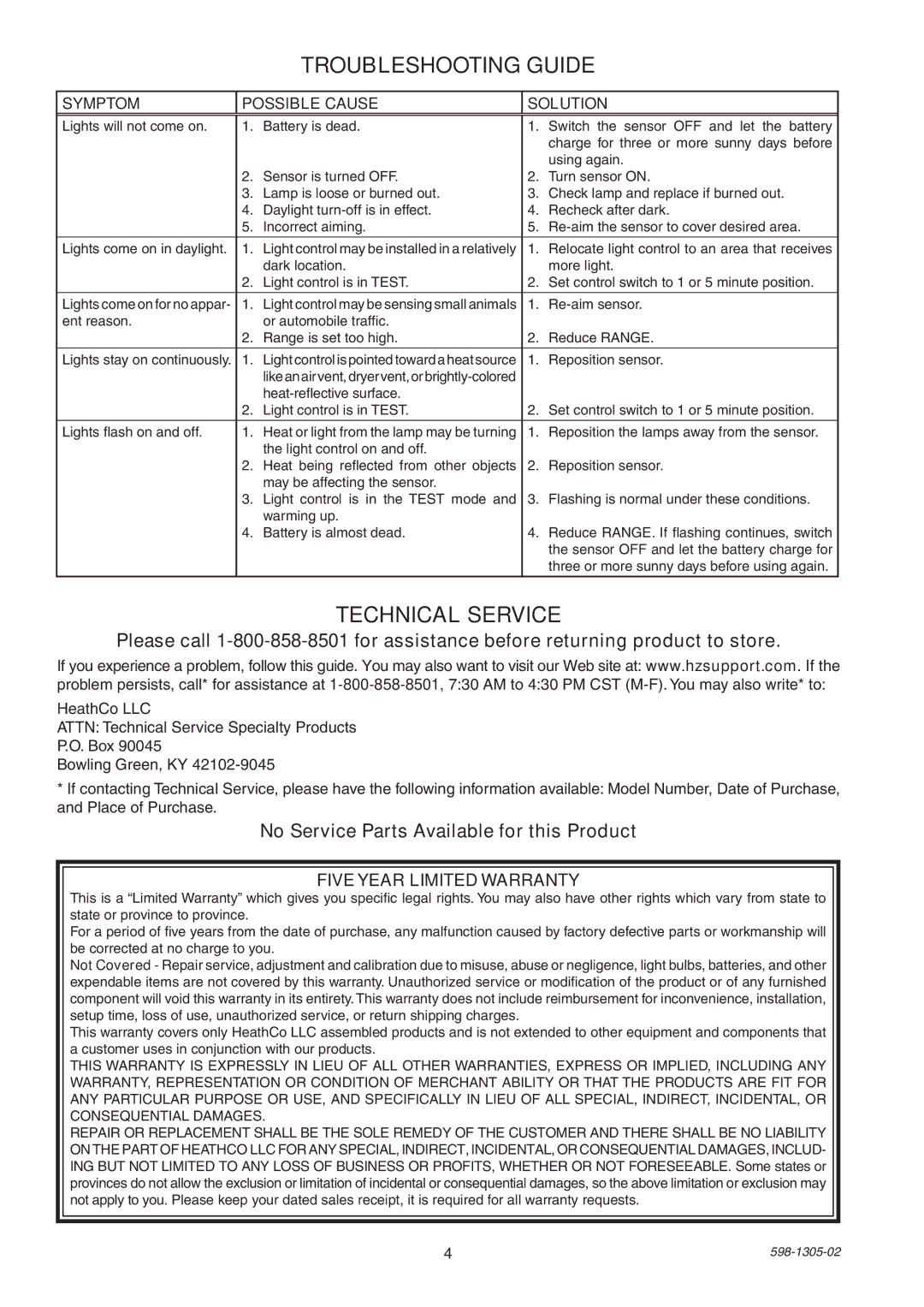 Heath Zenith 7001 manual Troubleshooting Guide, Technical Service, No Service Parts Available for this Product 