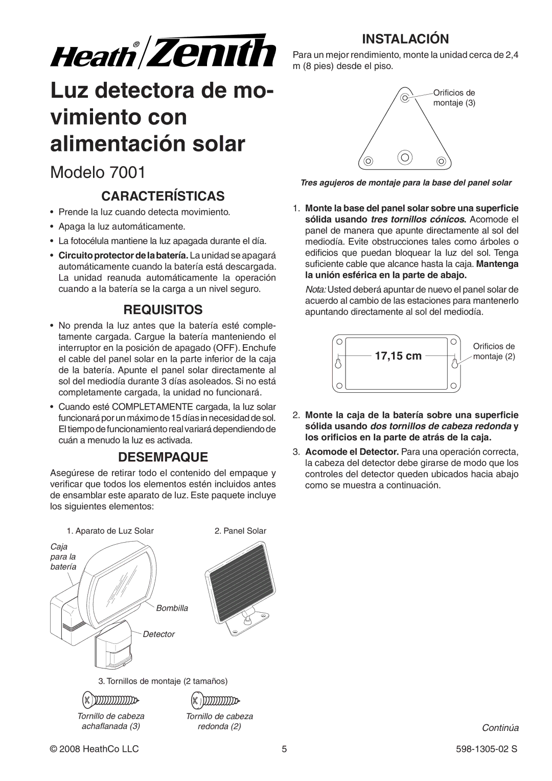 Heath Zenith 7001 manual Modelo, Características, Requisitos, Desempaque, Instalación 