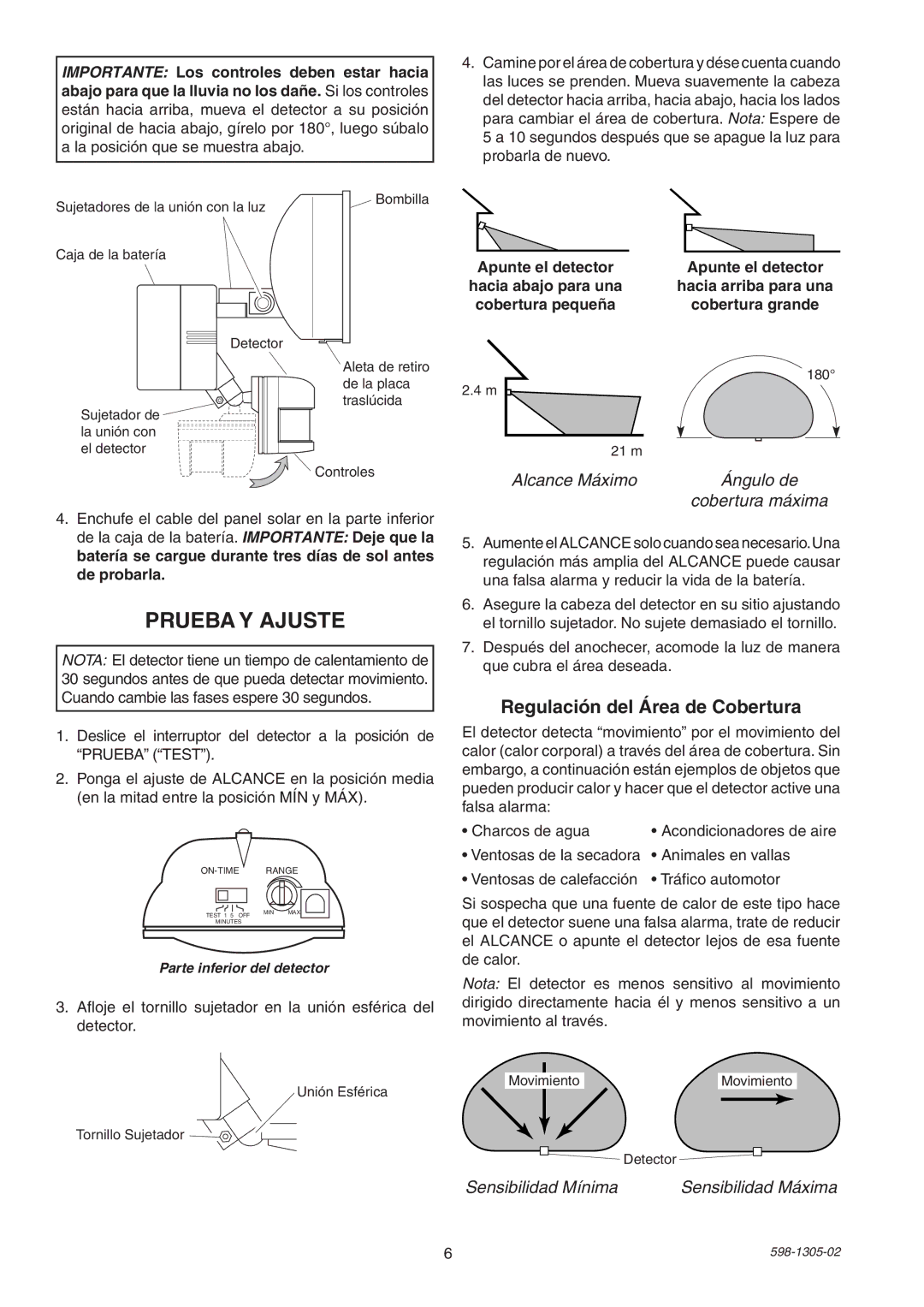 Heath Zenith 7001 manual Prueba Y Ajuste, Regulación del Área de Cobertura, Parte inferior del detector 