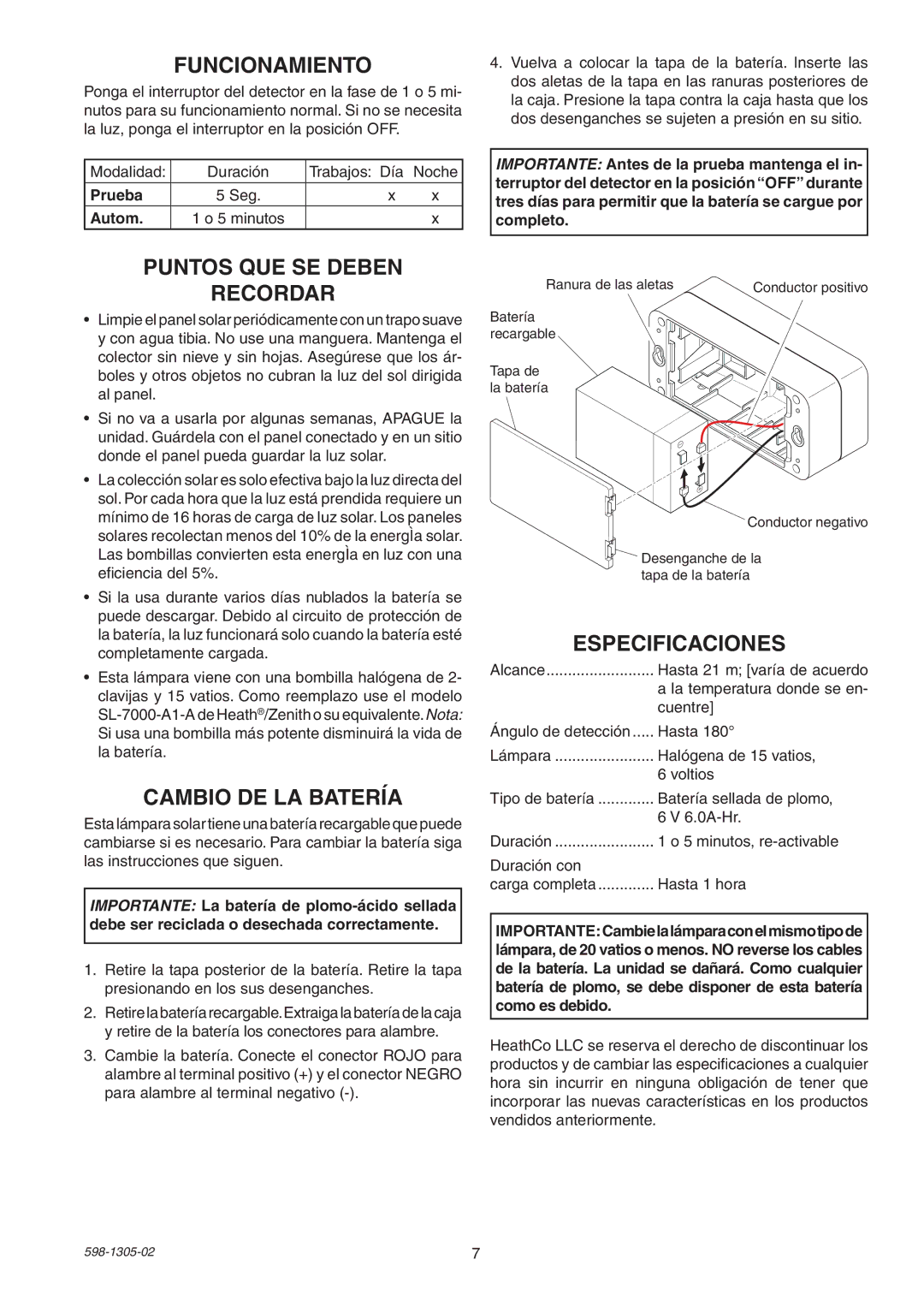 Heath Zenith 7001 manual Funcionamiento, Puntos Que Se Deben Recordar, Cambio DE LA Batería, Especificaciones 