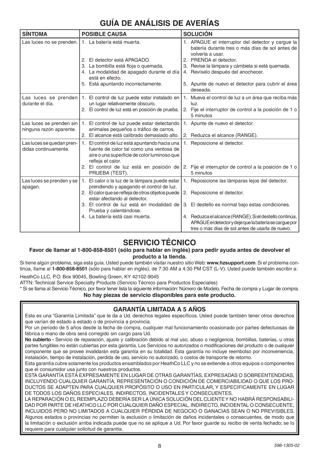 Heath Zenith 7001 manual Guía DE Análisis DE Averías, Servicio Técnico, Síntoma Posible Causa Solución 