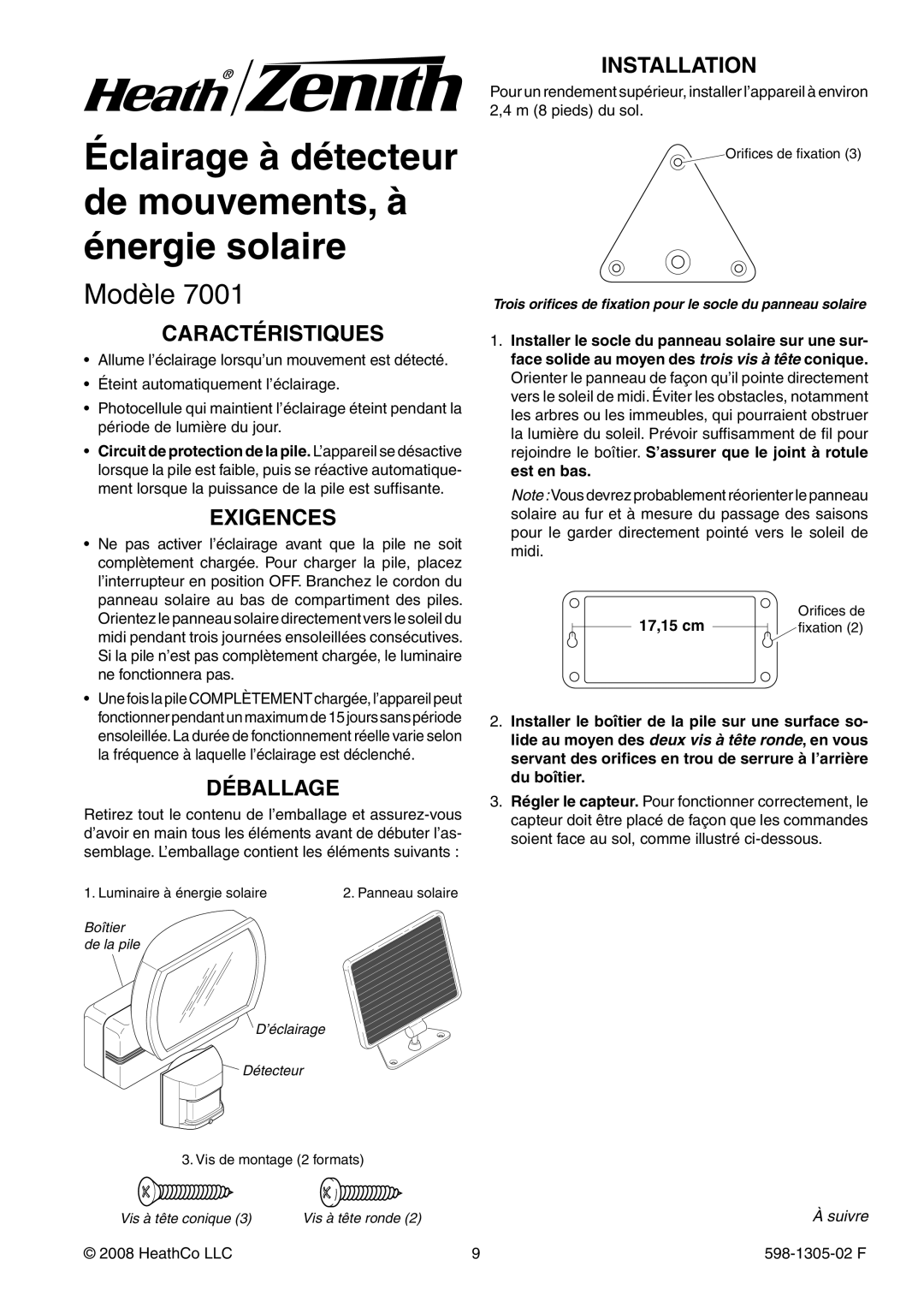 Heath Zenith 7001 manual Modèle, Caractéristiques, Exigences, Déballage, HeathCo LLC 598-1305-02 F 