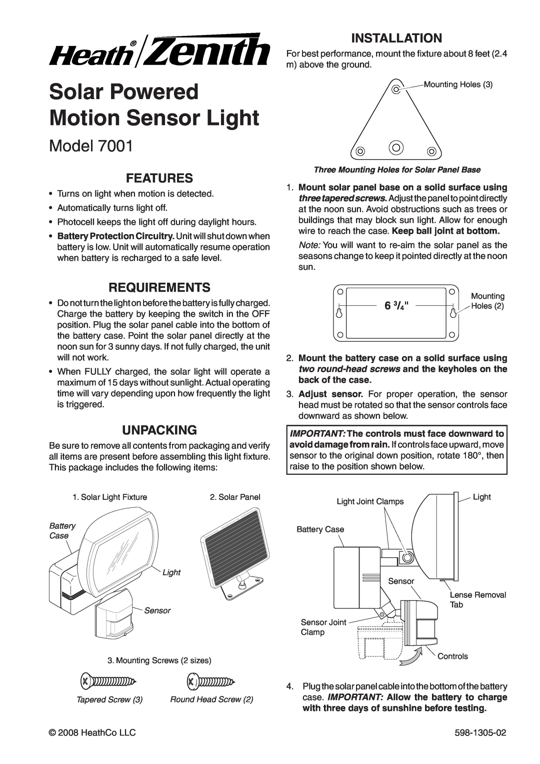 Heath Zenith 7001 manual Solar Powered Motion Sensor Light, Model, Features, Requirements, Unpacking, Installation, 6 3/4 
