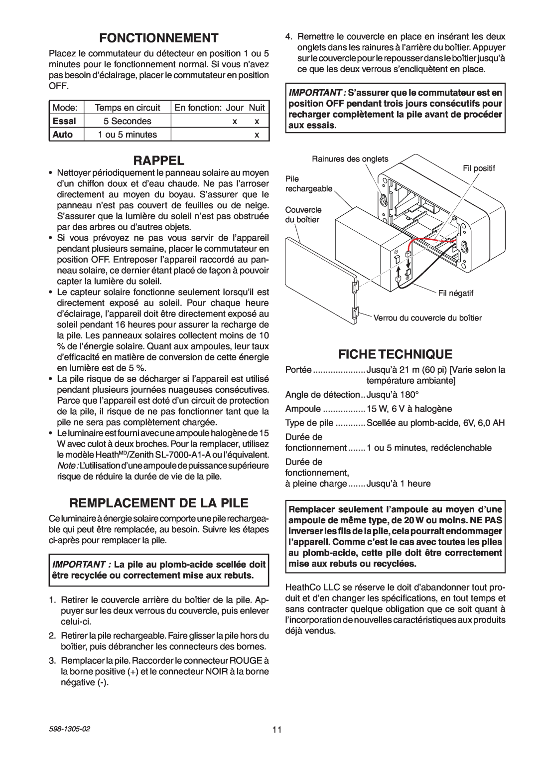 Heath Zenith 7001 manual Fonctionnement, Rappel, Remplacement De La Pile, Fiche Technique 