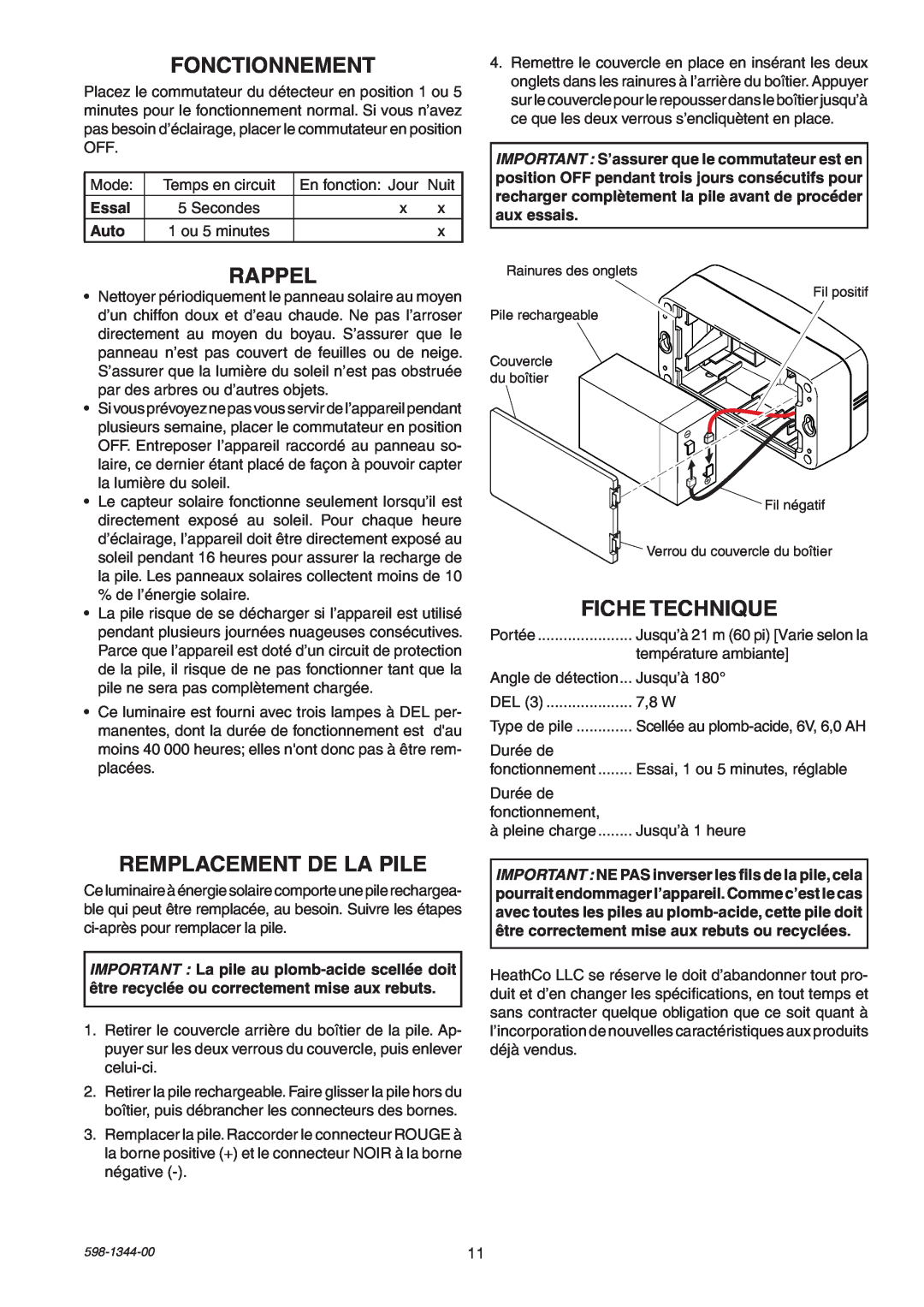 Heath Zenith 7101 manual Fonctionnement, Rappel, Remplacement De La Pile, Fiche Technique, Essal, Auto 