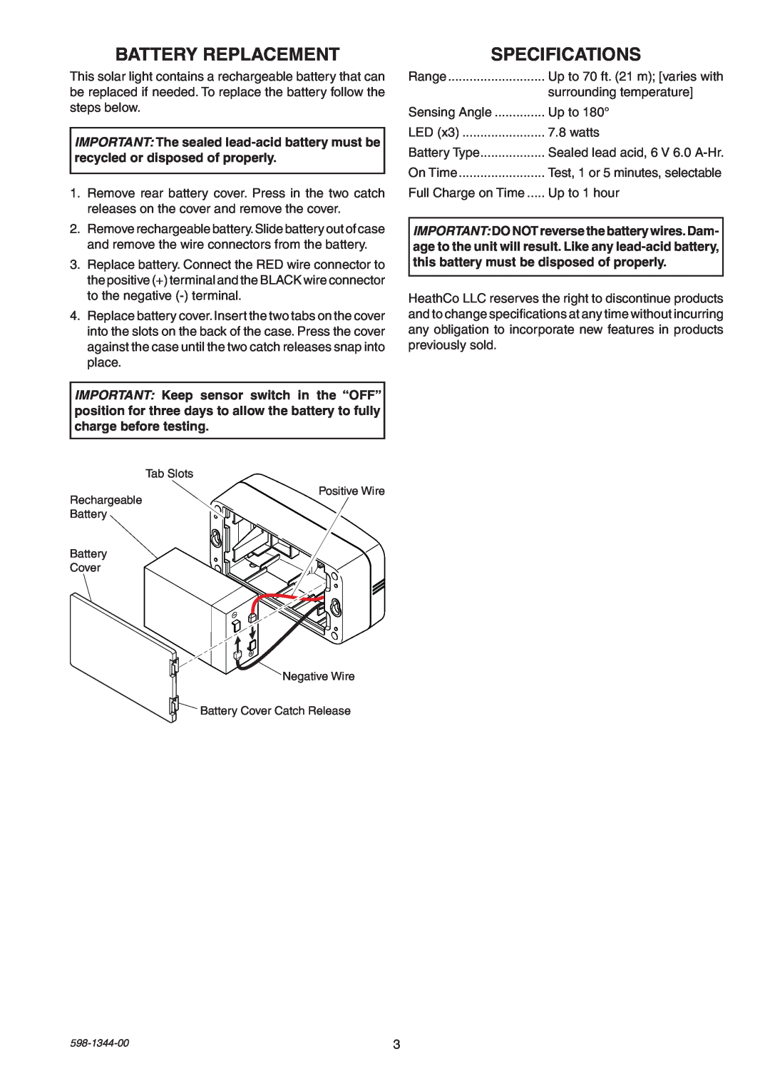 Heath Zenith 7101 manual Battery Replacement, Specifications 