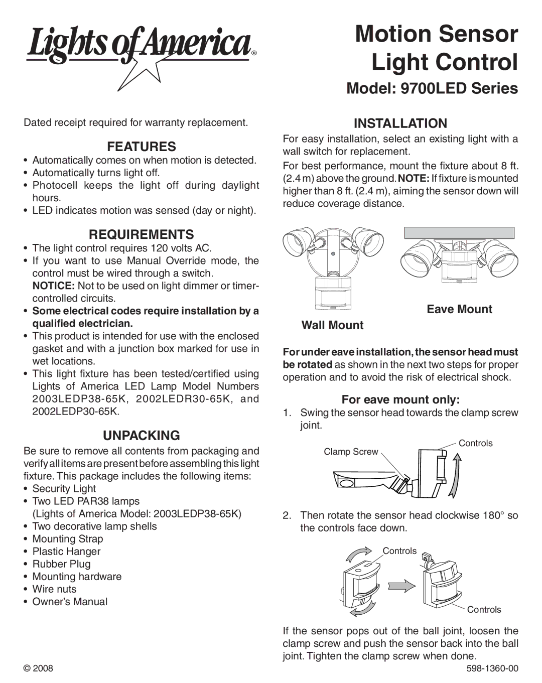 Heath Zenith 9700LeD warranty Features, Requirements, Unpacking, Installation 