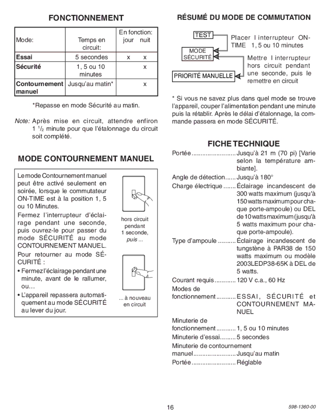 Heath Zenith 9700LeD warranty Fonctionnement, Mode Contournement Manuel, Fiche Technique, Résumé du mode de commutation 