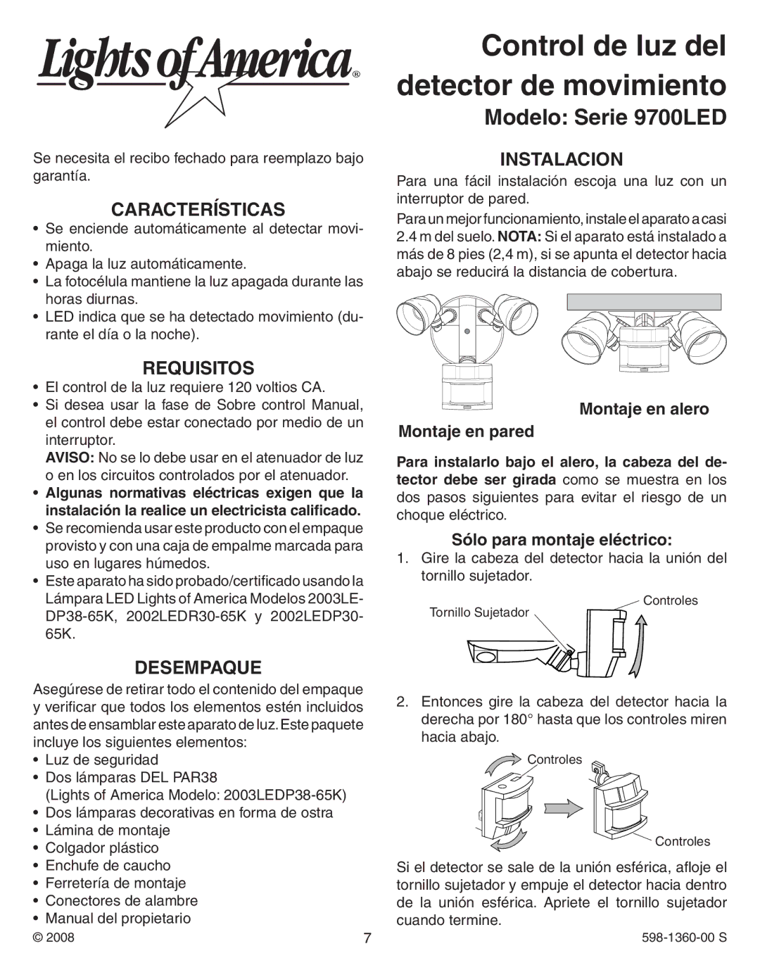 Heath Zenith 9700LeD warranty Características, Requisitos, Desempaque, Instalacion 