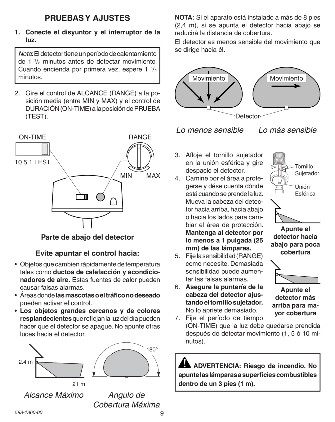 Heath Zenith 9700LeD warranty Pruebas Y Ajustes, Parte de abajo del detector Evite apuntar el control hacia 