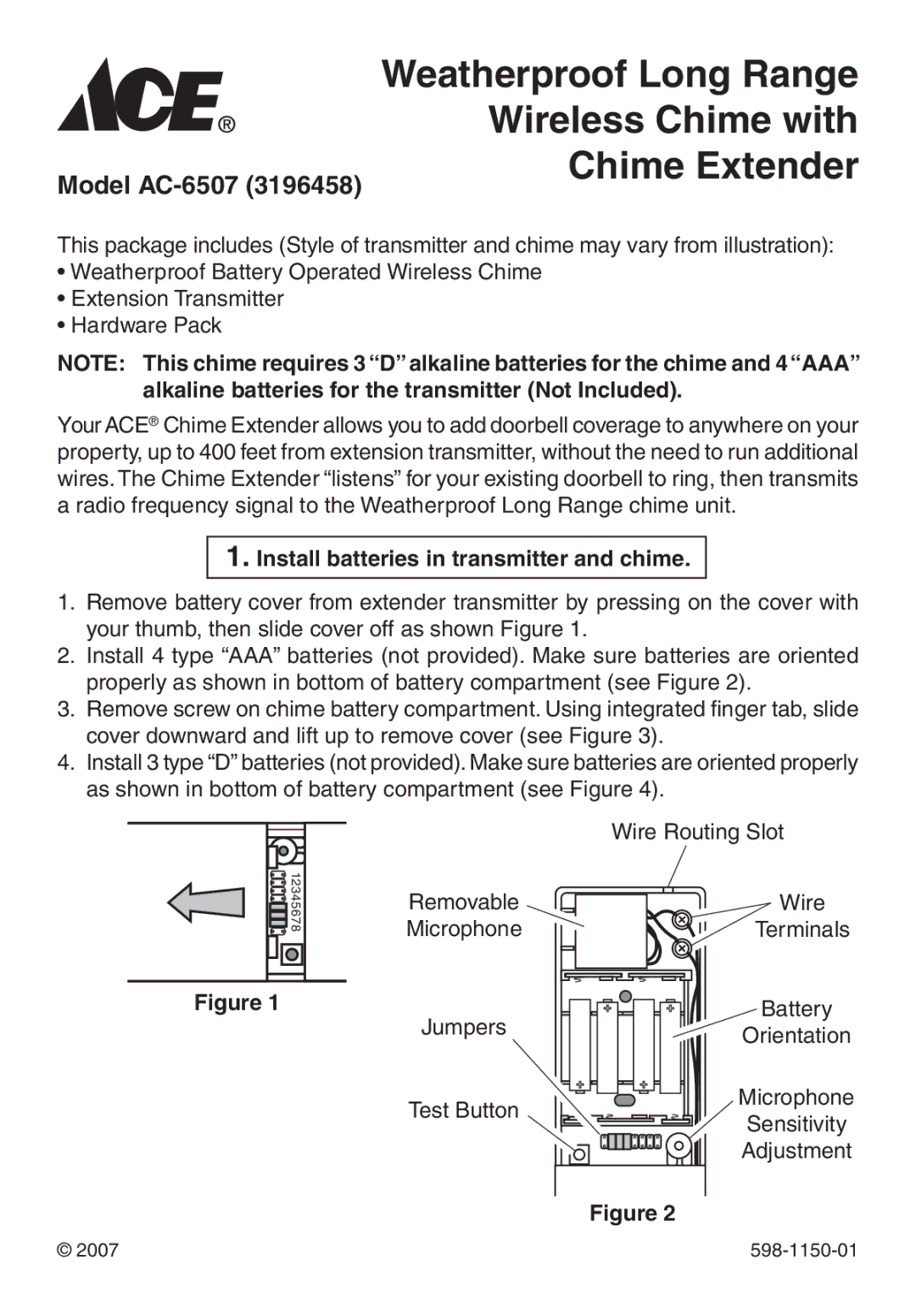 Heath Zenith AC-6507 manual Wireless Chime with, Chime Extender, Install batteries in transmitter and chime 