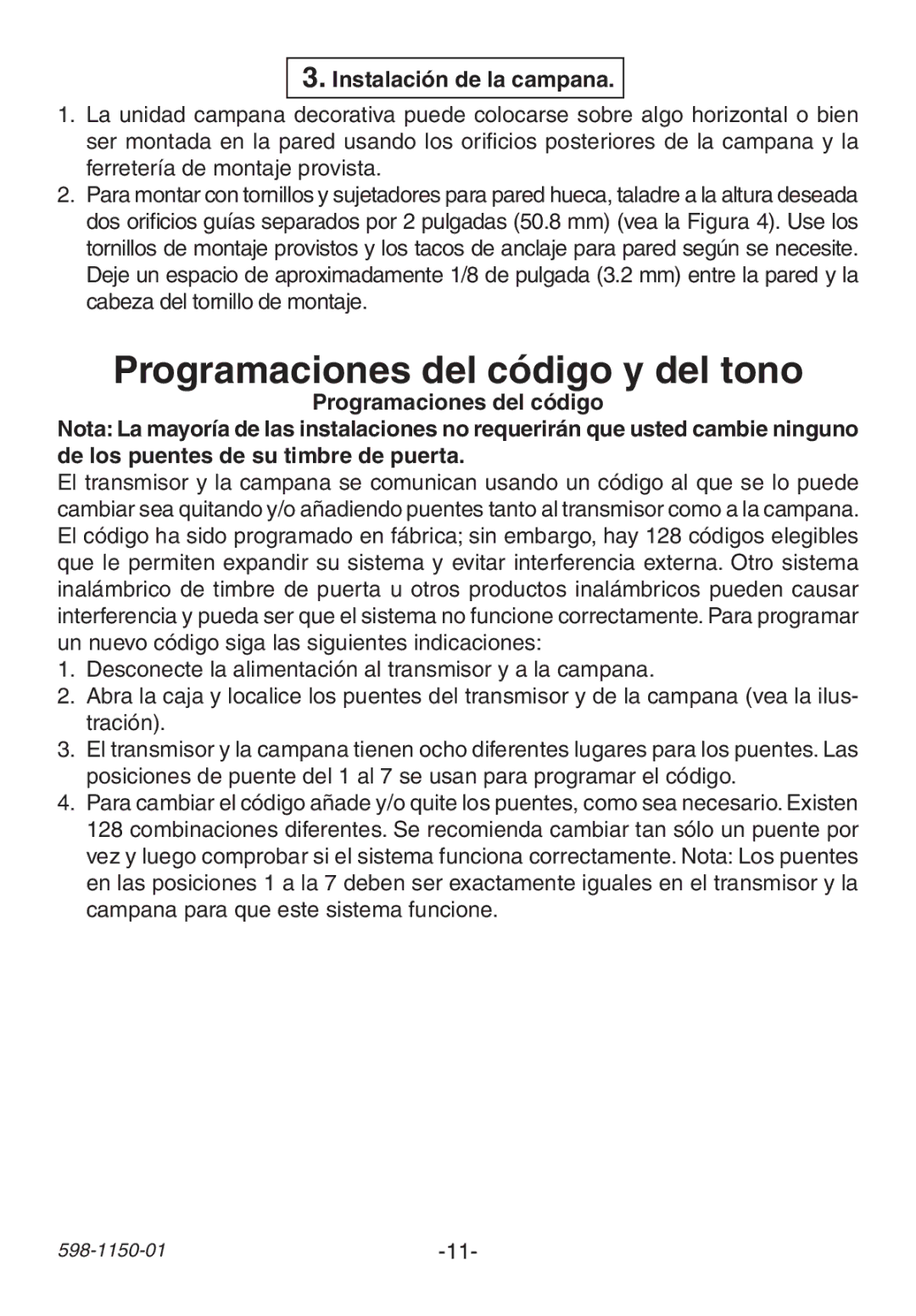 Heath Zenith AC-6507 manual Programaciones del código y del tono, Instalación de la campana 