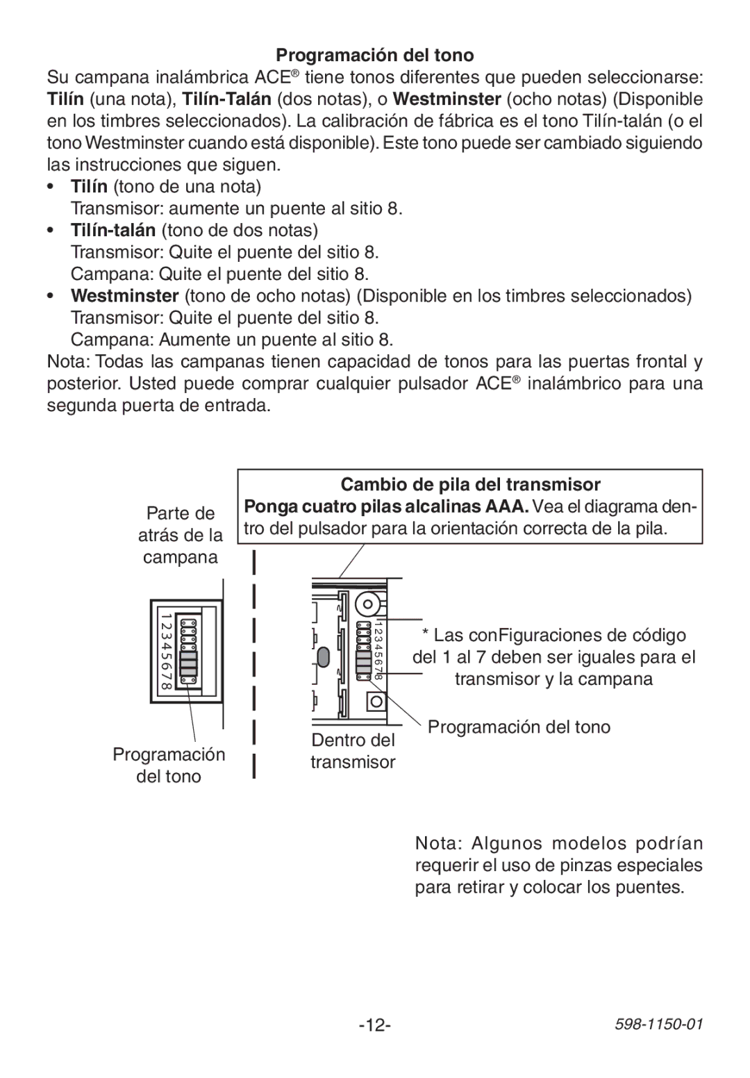 Heath Zenith AC-6507 manual Programación del tono, Cambio de pila del transmisor, Programación Del tono 