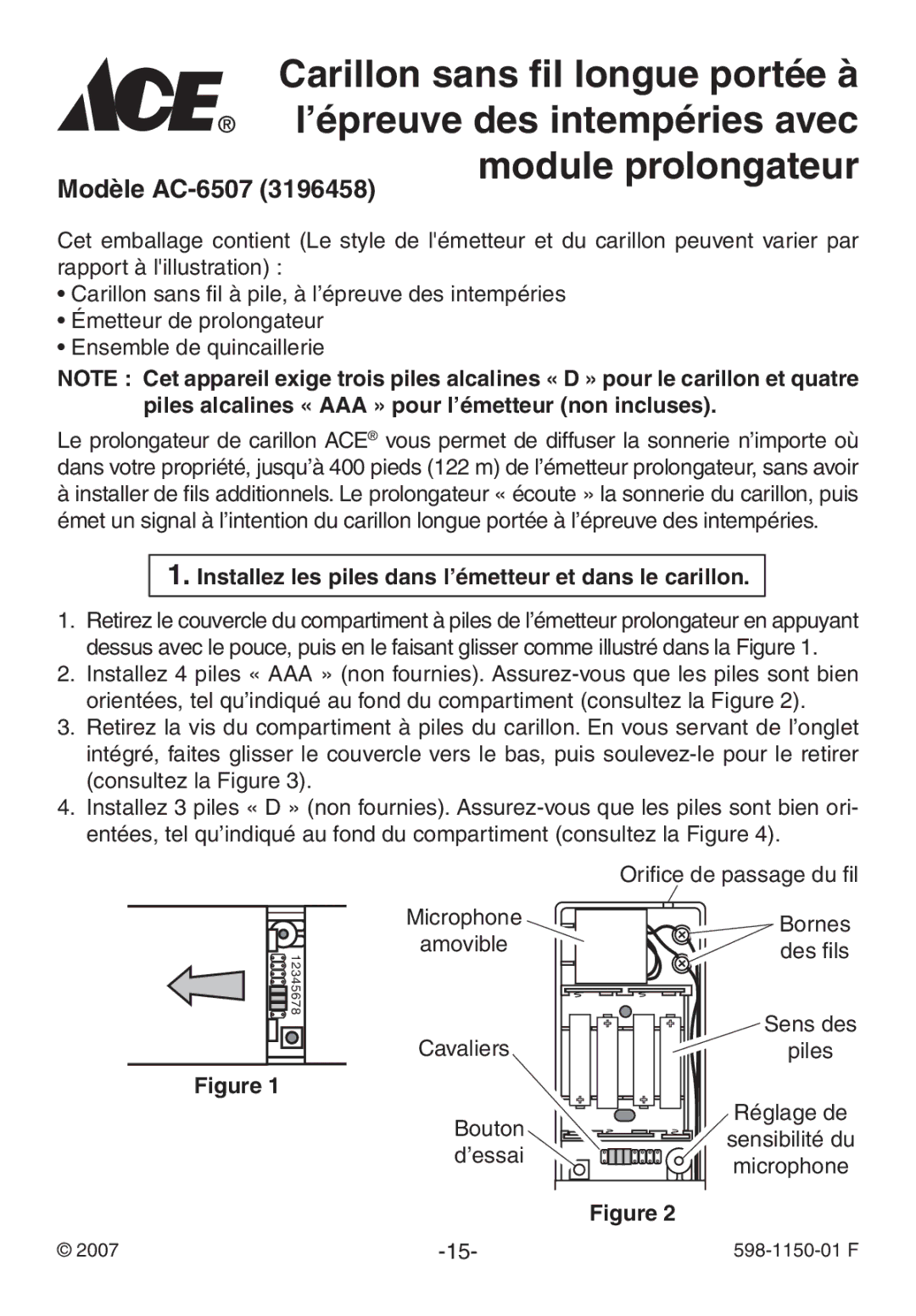 Heath Zenith AC-6507 manual Module prolongateur, Installez les piles dans l’émetteur et dans le carillon 