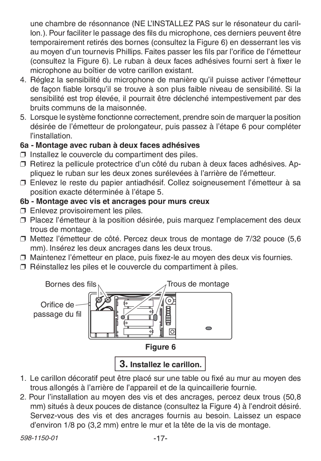 Heath Zenith AC-6507 manual 6a Montage avec ruban à deux faces adhésives, 6b Montage avec vis et ancrages pour murs creux 