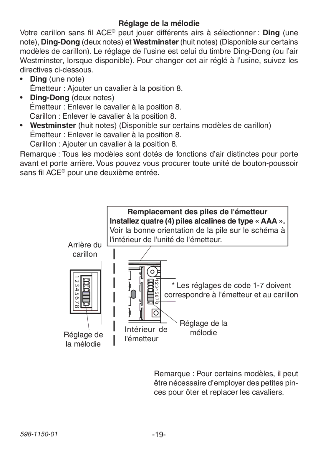 Heath Zenith AC-6507 manual Réglage de la mélodie, Réglage de La mélodie, Intérieur de Réglage de la Mélodie Lémetteur 