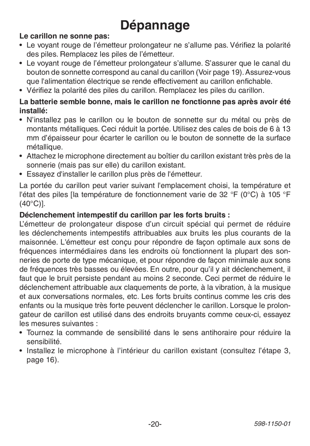 Heath Zenith AC-6507 manual Dépannage, Le carillon ne sonne pas, Déclenchement intempestif du carillon par les forts bruits 