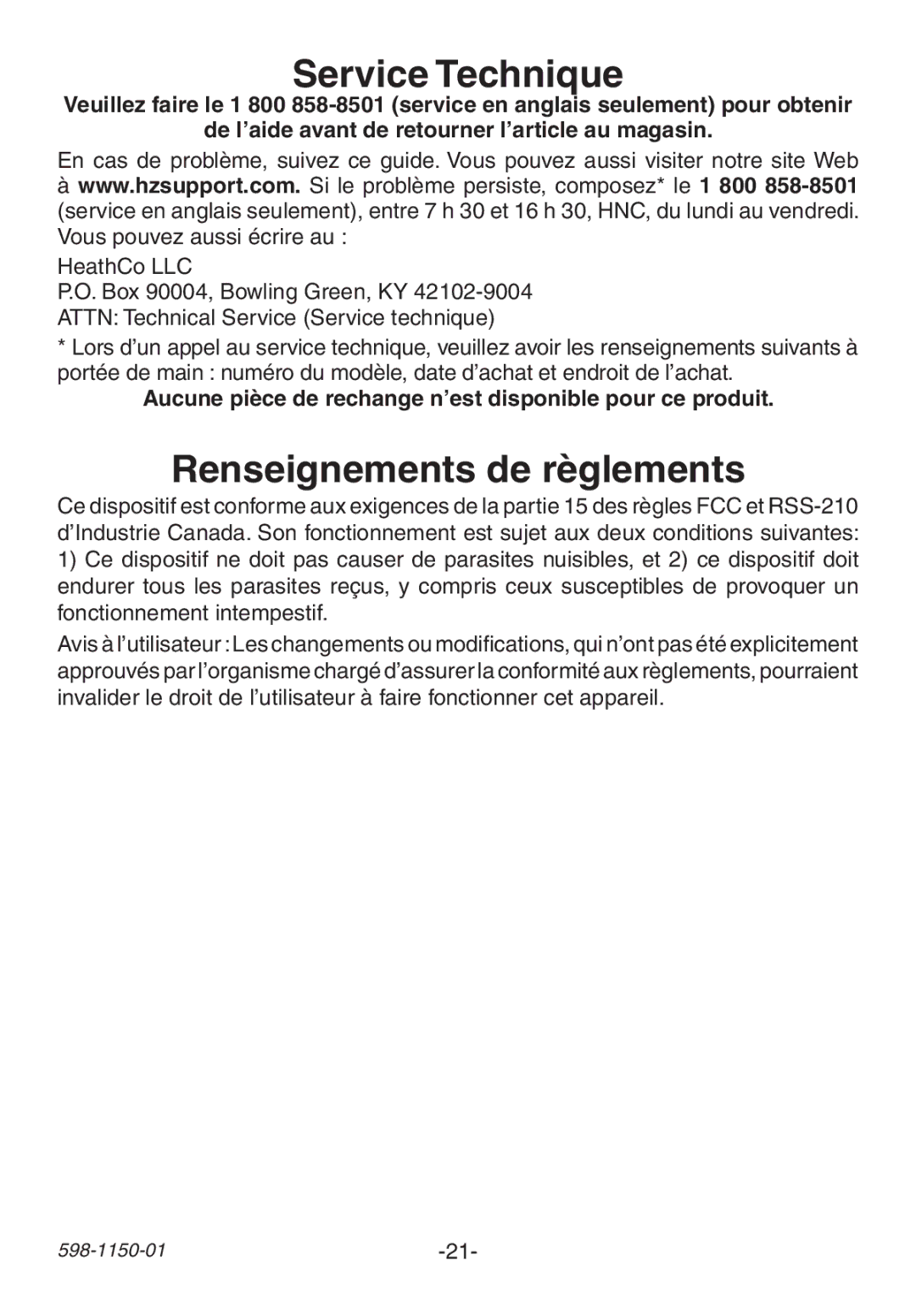 Heath Zenith AC-6507 manual Service Technique, Renseignements de règlements 