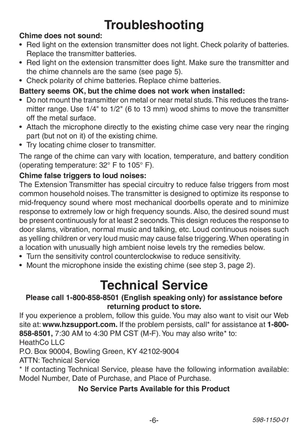 Heath Zenith AC-6507 manual Troubleshooting, Technical Service, Chime does not sound, Chime false triggers to loud noises 