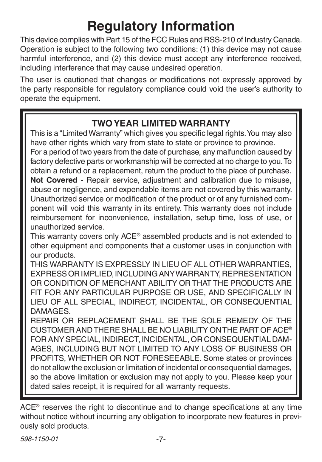 Heath Zenith AC-6507 manual Regulatory Information, TWO Year Limited Warranty 