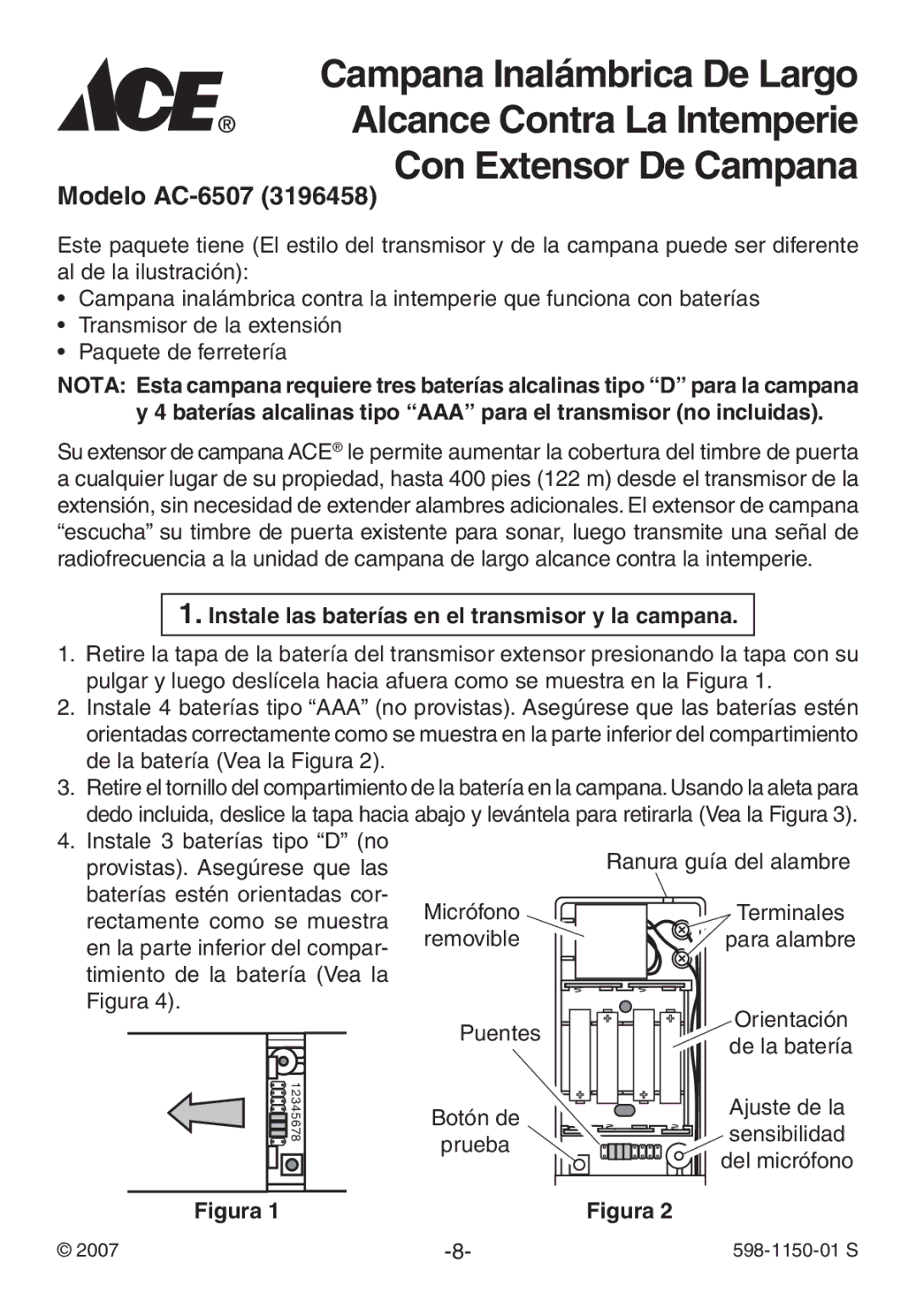 Heath Zenith AC-6507 manual Instale las baterías en el transmisor y la campana, Puentes Botón de prueba 